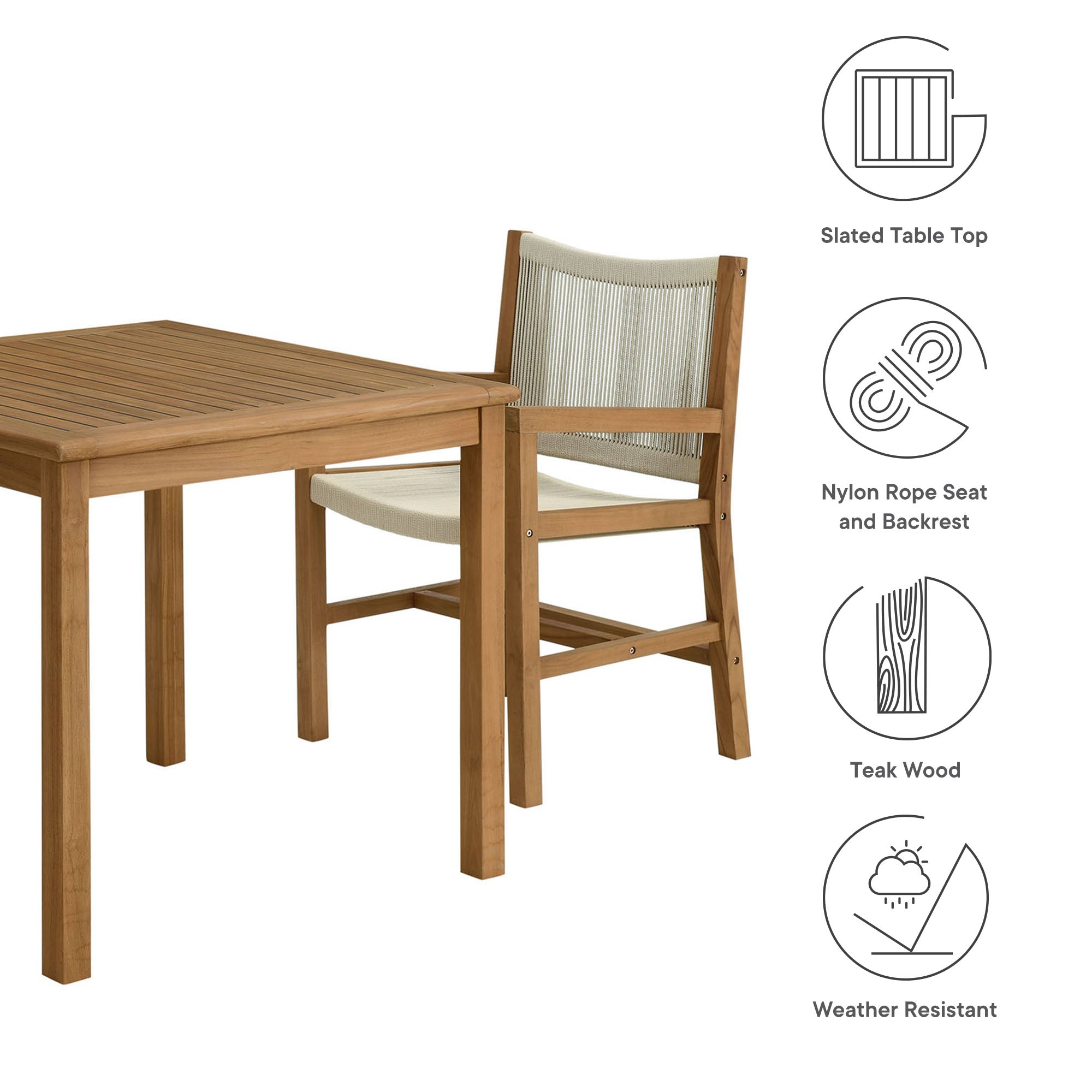 Vienna 3-Piece Outdoor Patio Teak and Rope Dining Set with Armchairs by Modway - Best Buy Furniture
