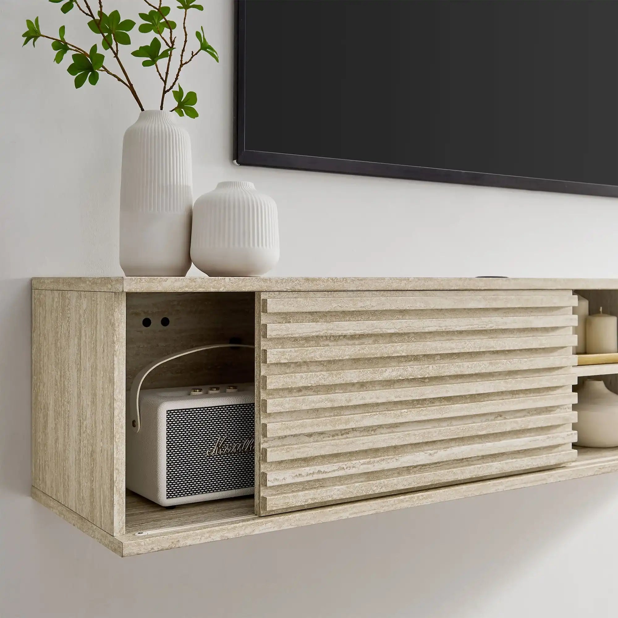 Render 70" Faux Travertine Wall-Mount Media Console TV Stand - Best Buy Furniture