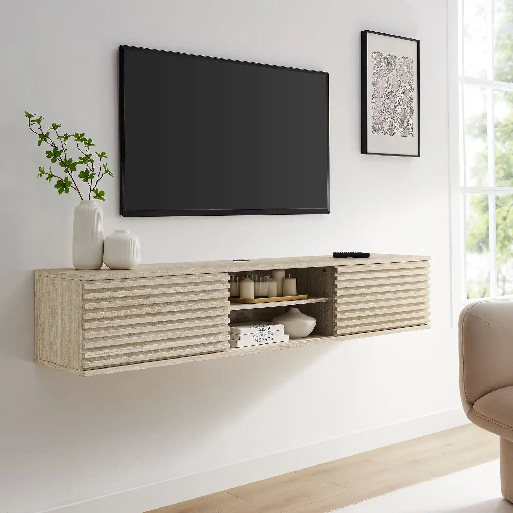 Render 70" Faux Travertine Wall-Mount Media Console TV Stand - Best Buy Furniture