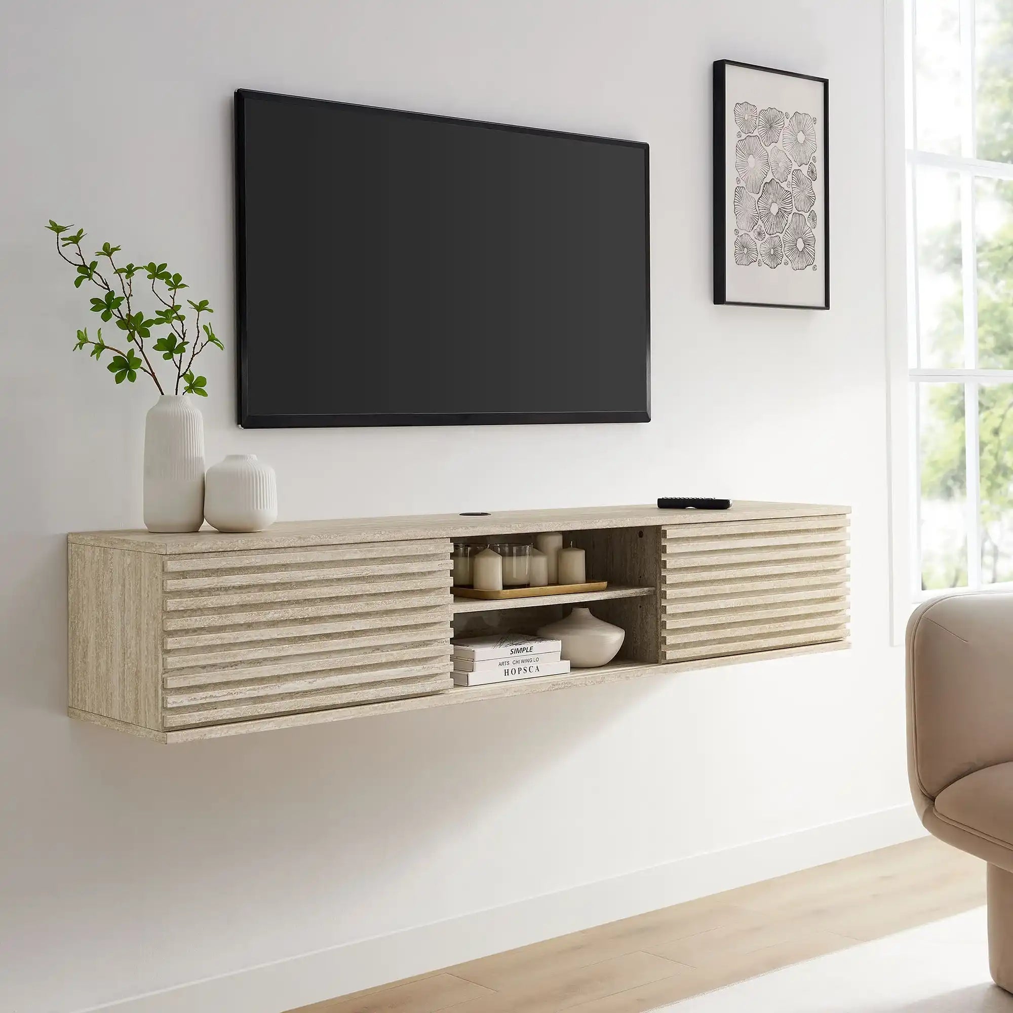 Render 70" Faux Travertine Wall-Mount Media Console TV Stand - Best Buy Furniture