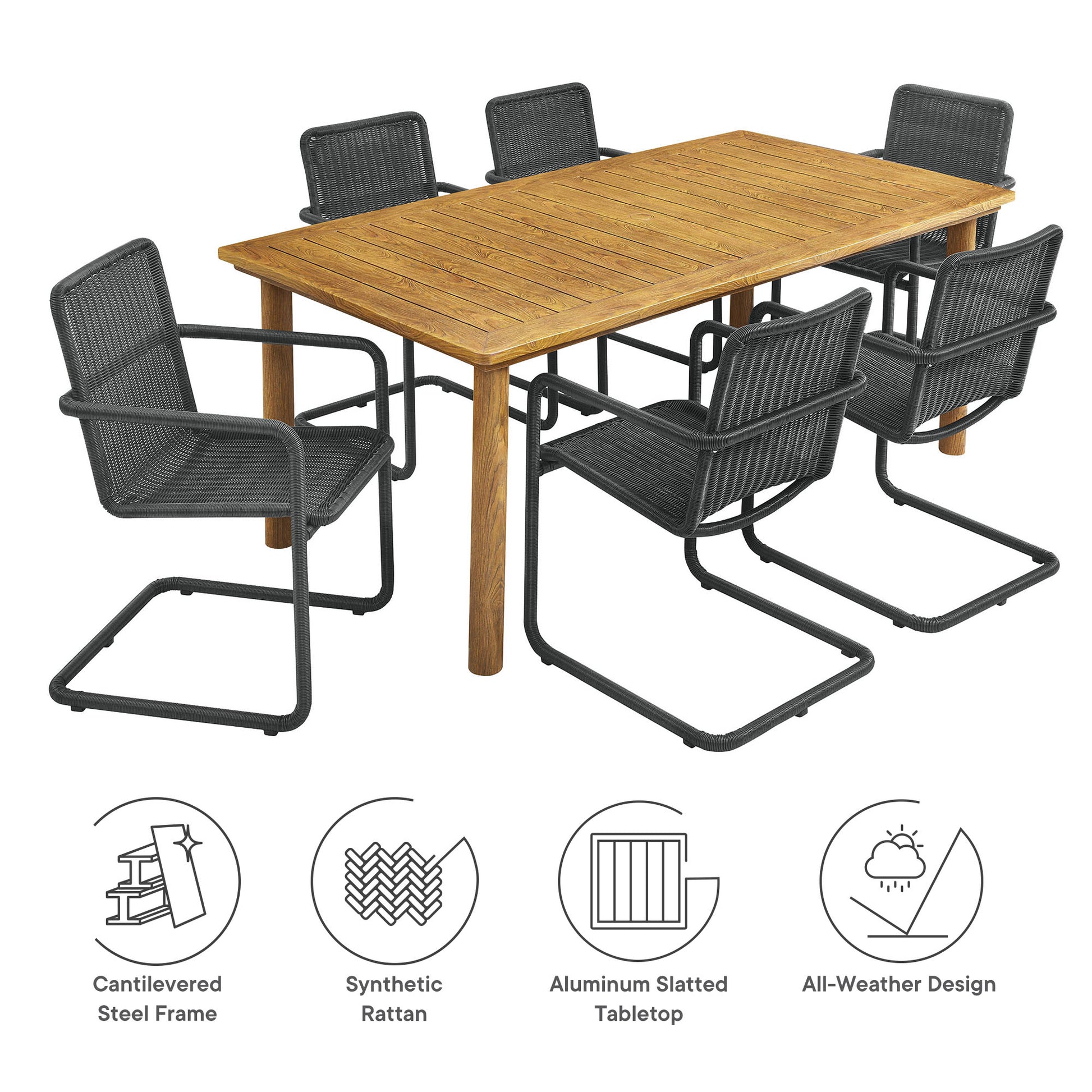 Abacus 7-Piece Rectangular Outdoor Patio Aluminum Dining Table Set with Rattan Armchairs by Modway - Best Buy Furniture