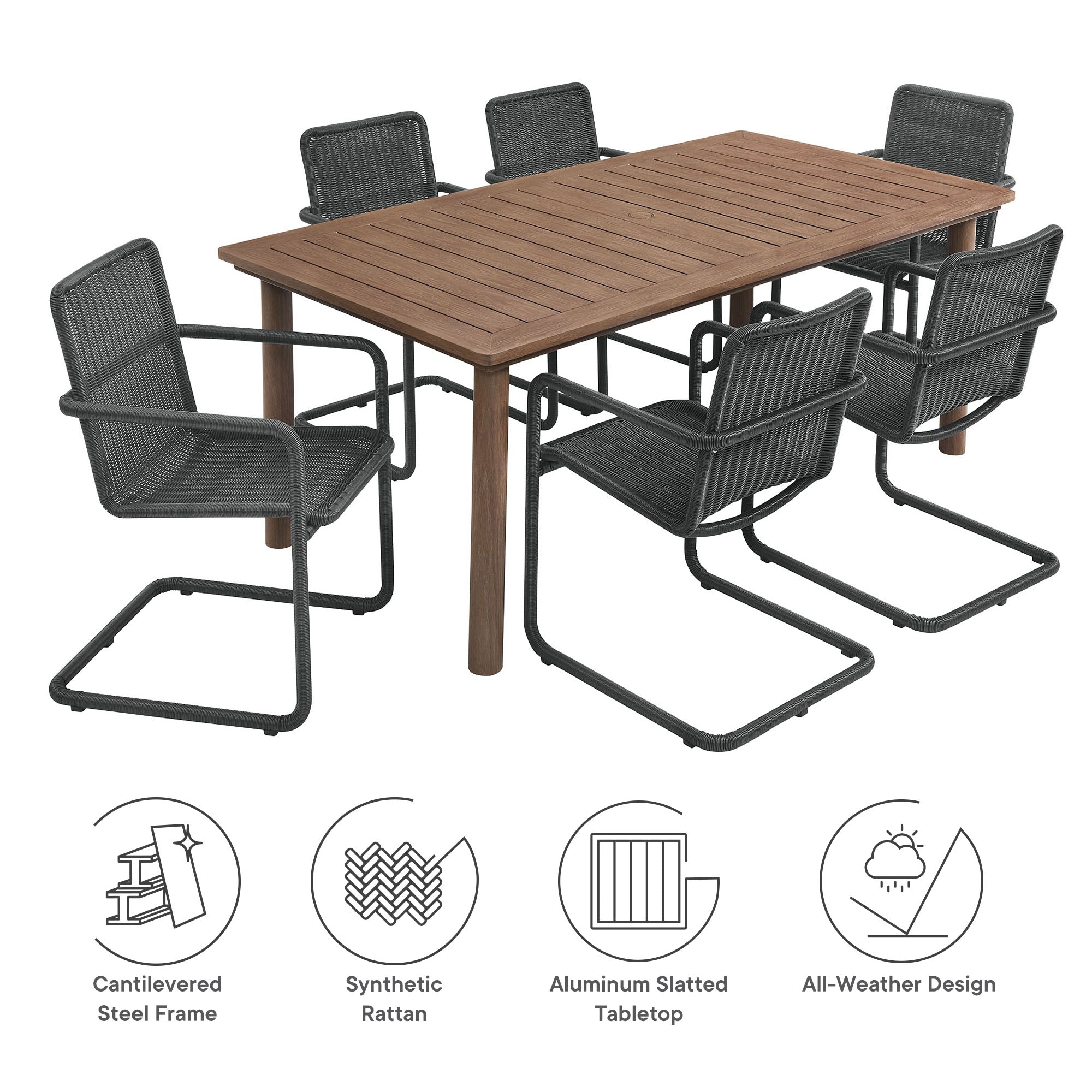 Abacus 7-Piece Rectangular Outdoor Patio Aluminum Dining Table Set with Rattan Armchairs by Modway - Best Buy Furniture
