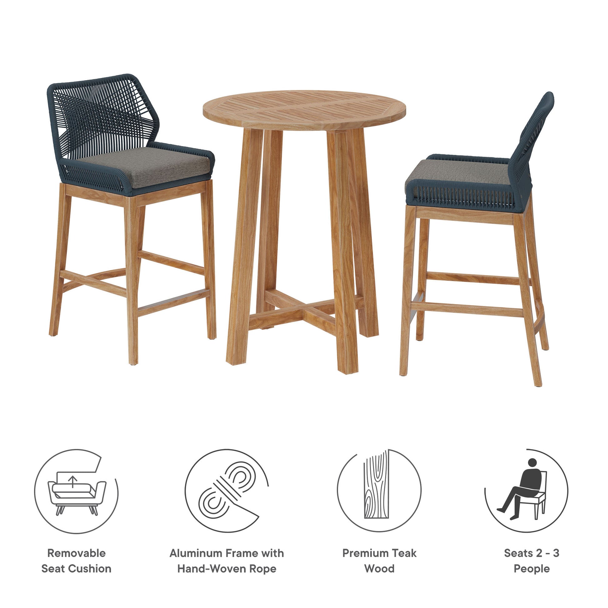 Wellspring 3-Piece Outdoor Patio Teak Wood Bar Set by Modway - Best Buy Furniture