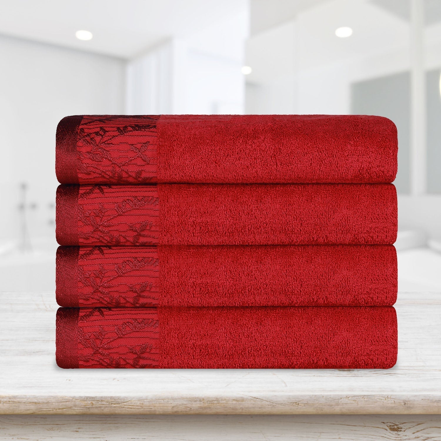 Cotton Floral Jacquard Border Bath Towel Set of 4 - Bath Towel by Superior Brand