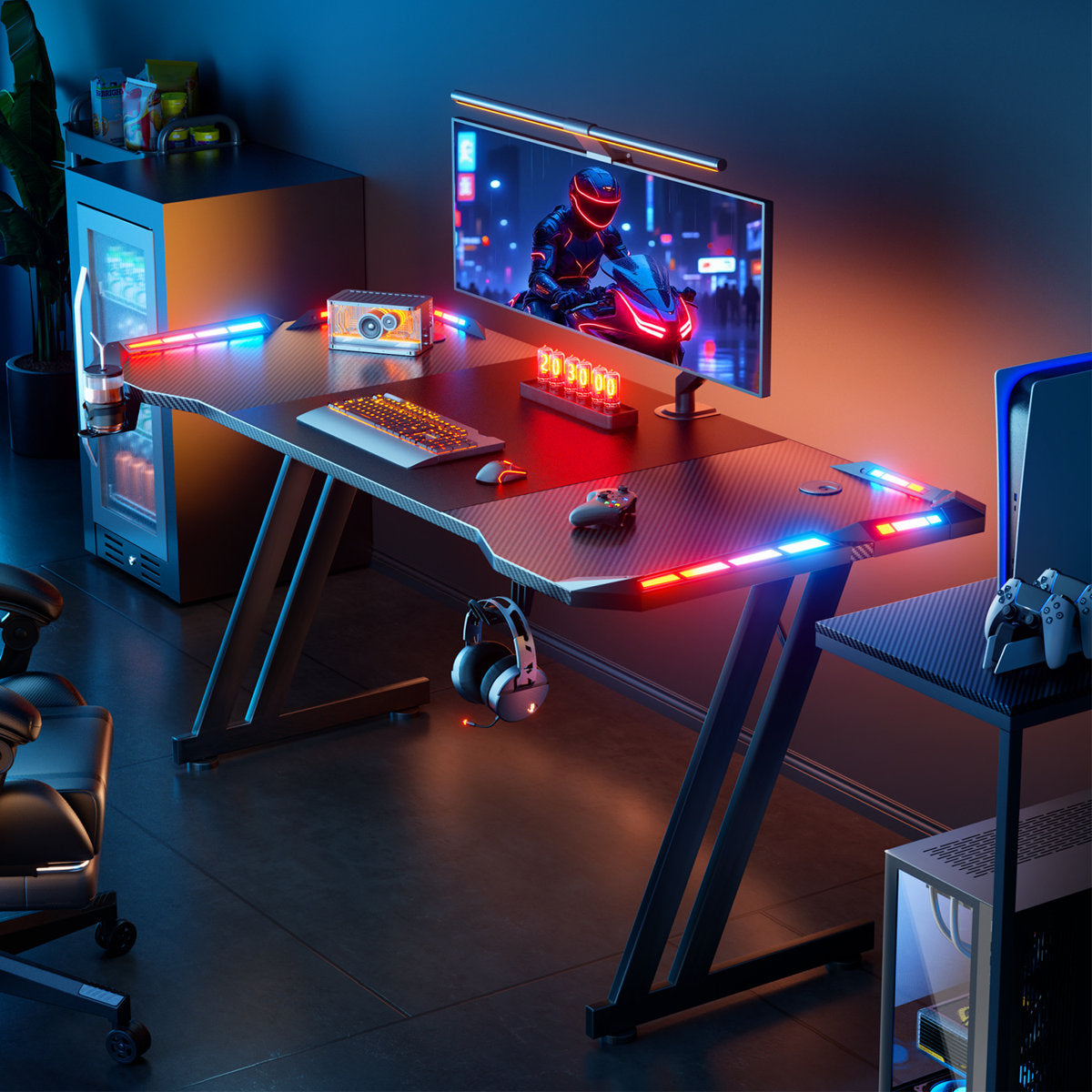 Gaming Desk With LED Lights Carbon Fibre Surface 63"