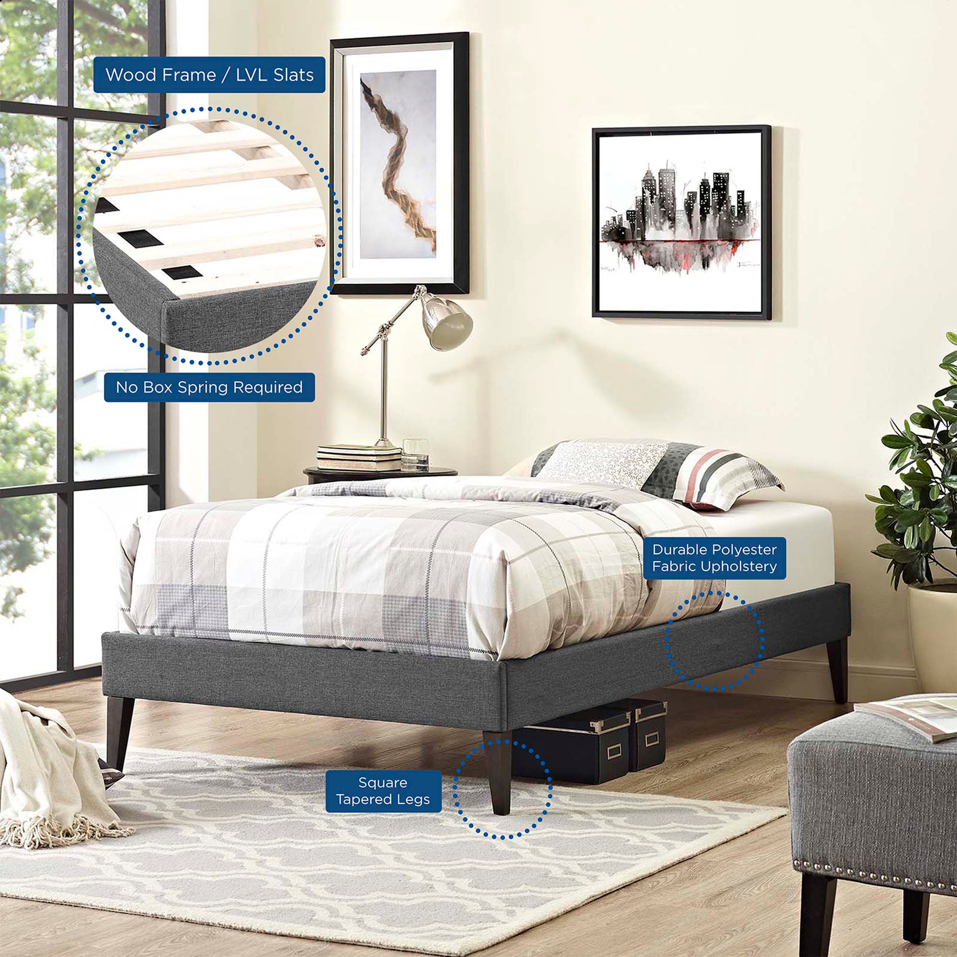 Tessie Fabric Twin Bed Frame with Squared Tapered Legs by Modway - Best Buy Furniture
