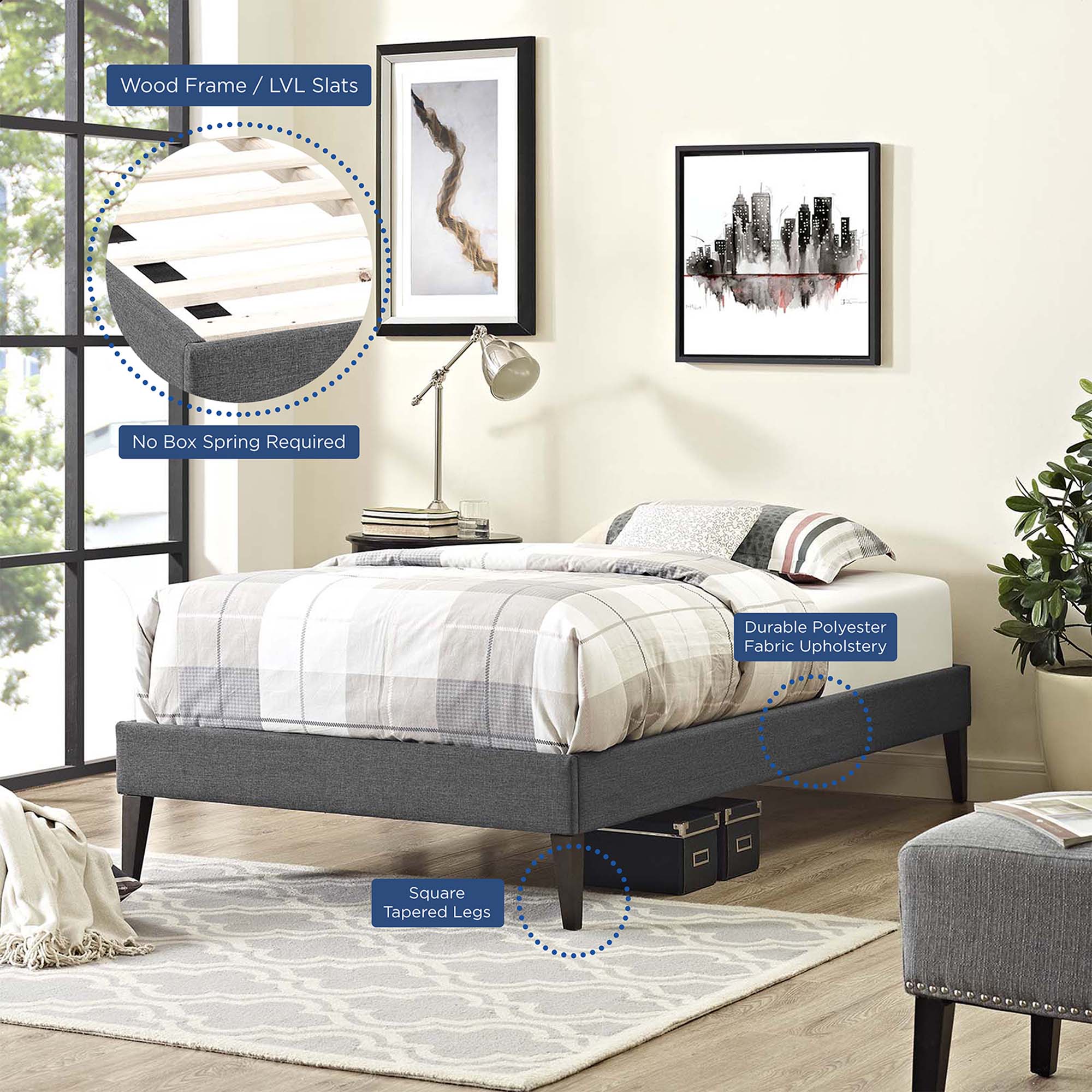 Tessie Fabric Twin Bed Frame with Squared Tapered Legs by Modway - Best Buy Furniture