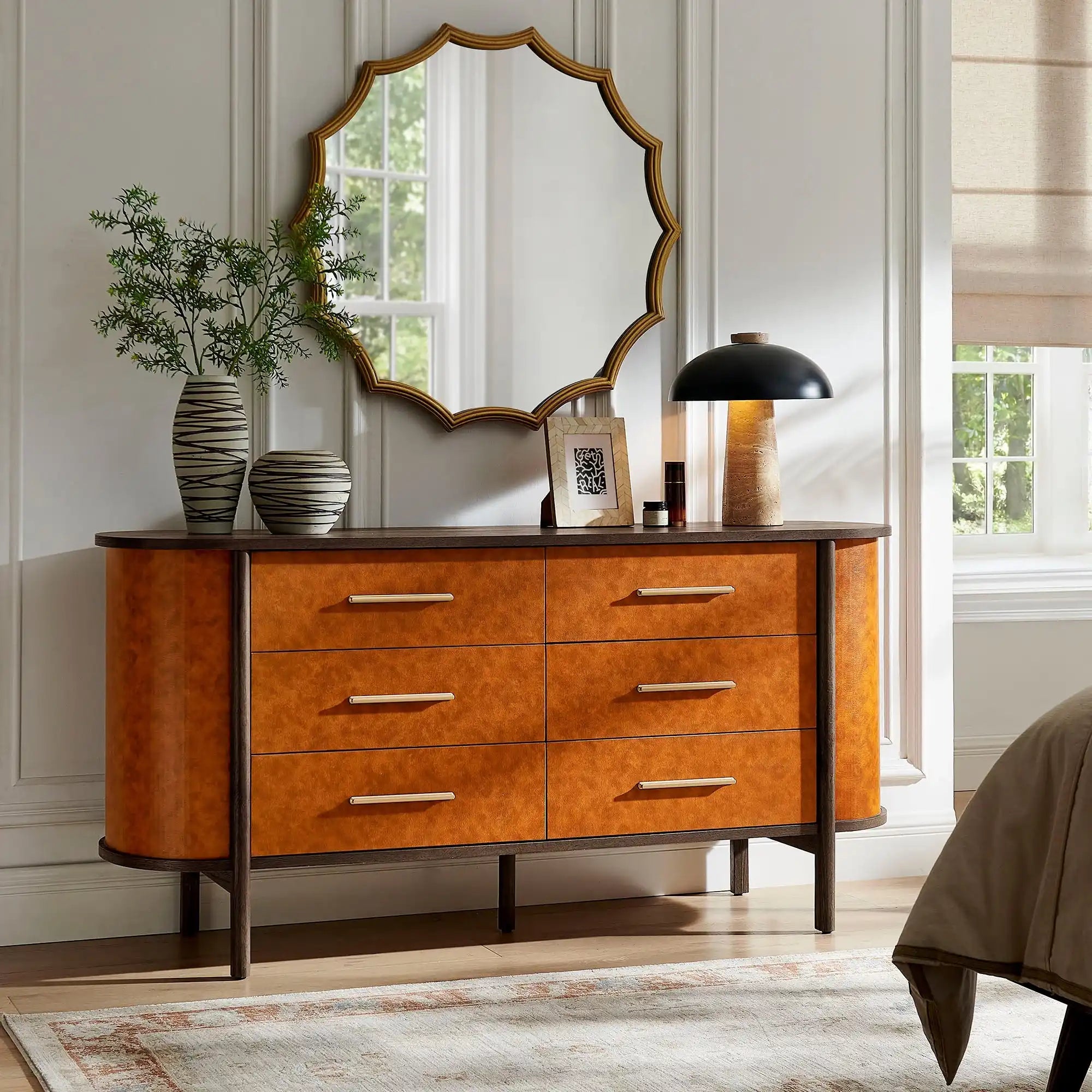 Coralie Curved 6-Drawer Vegan Leather Oval Dresser - Best Buy Furniture