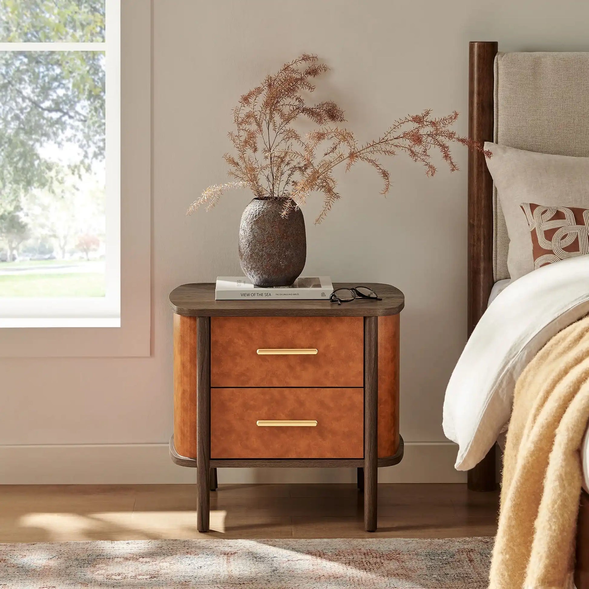 Coralie 2-Drawer Curved Vegan Leather Nightstand - Best Buy Furniture