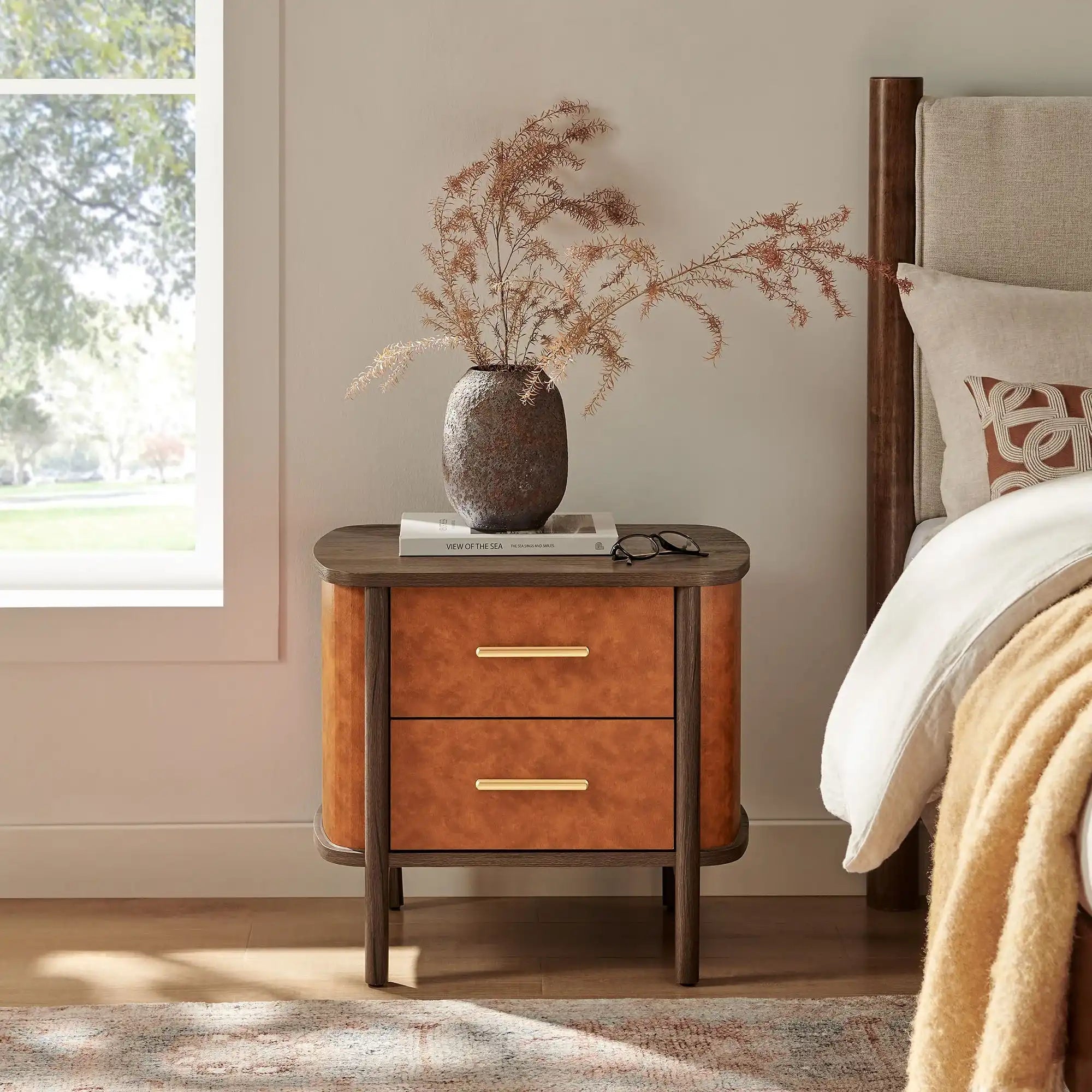 Coralie 2-Drawer Curved Vegan Leather Nightstand - Best Buy Furniture
