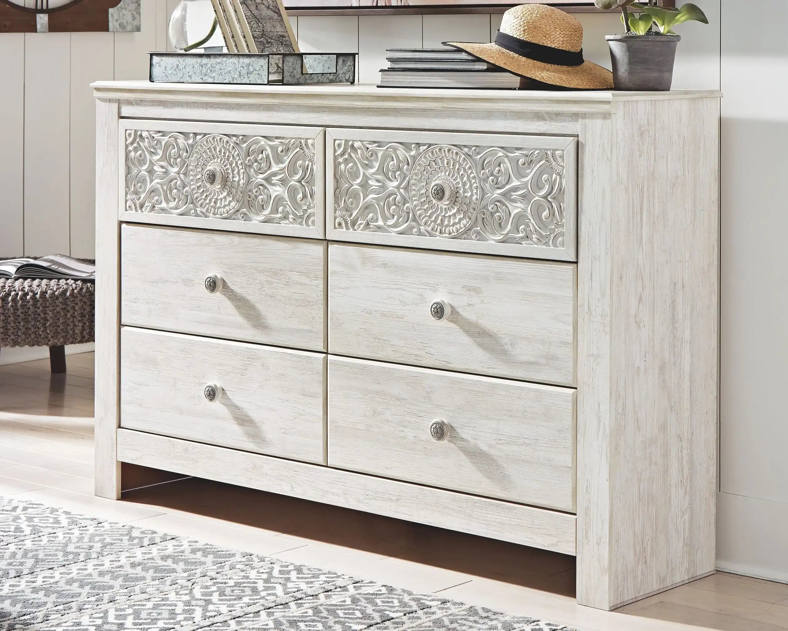 Paxberry - Six Drawer Dresser - Medallion Drawer Pulls - Whitewash - Best Buy Furniture