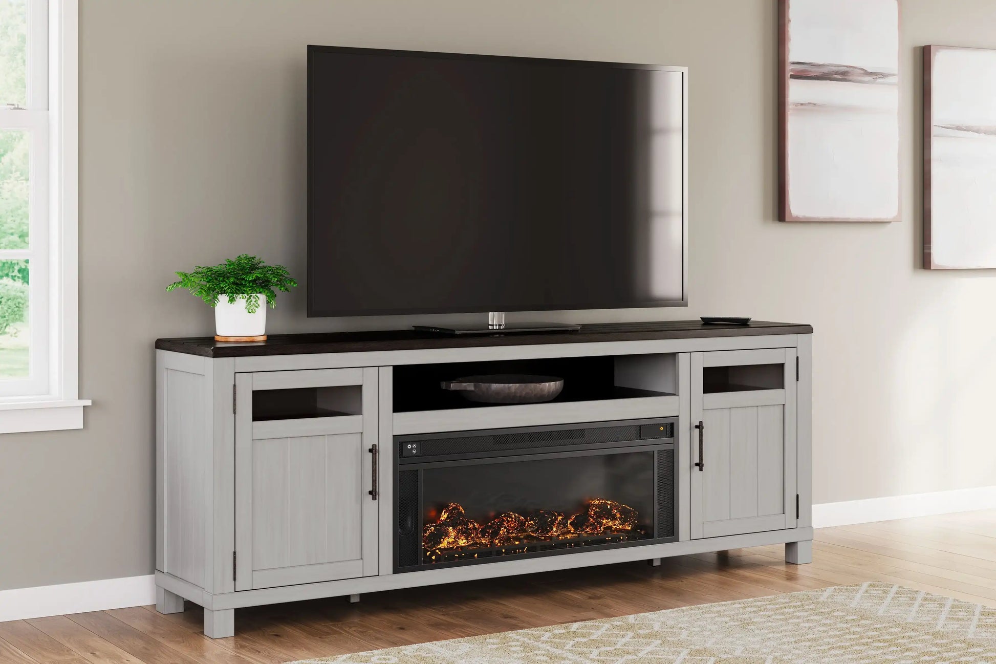 Darborn - 88" TV Stand With Electric Infrared Fireplace Insert - Gray / Brown - Best Buy Furniture
