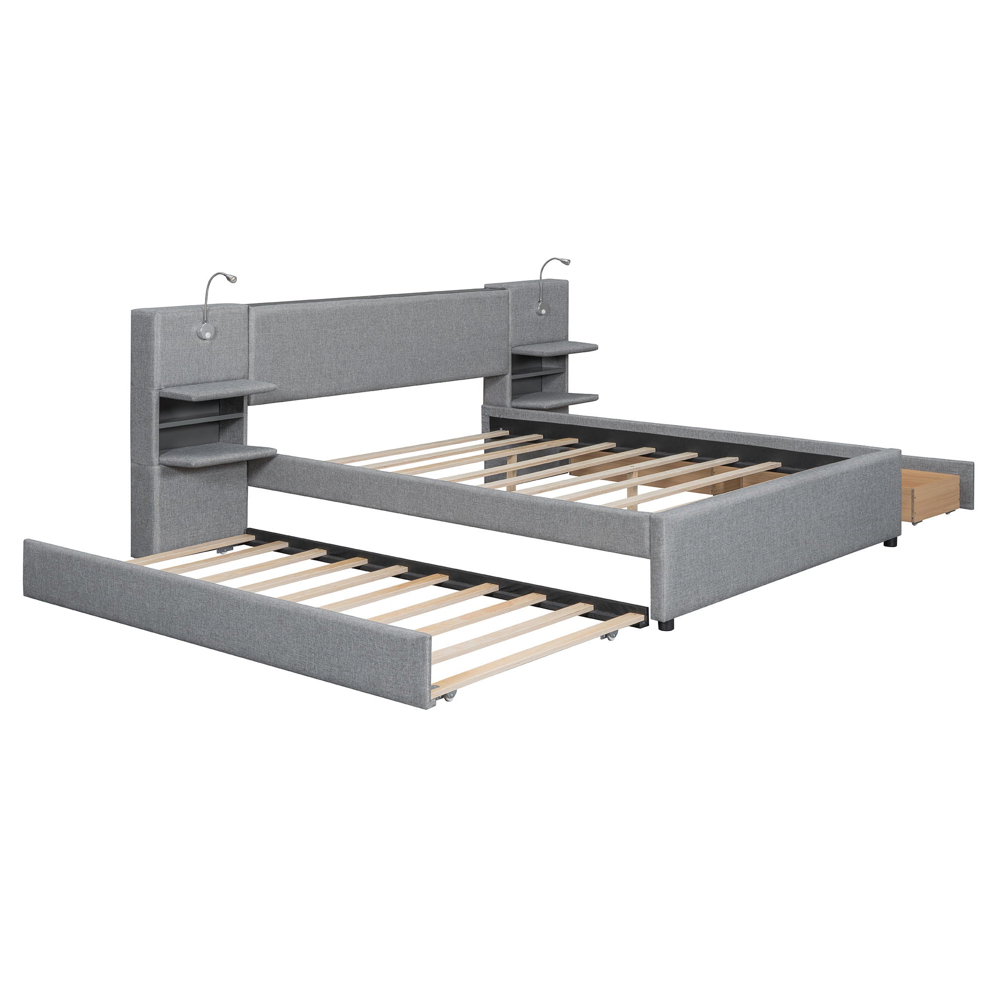 Upholstered Platform Bed With Reading Lights, Drawers, Trundle And Shelves