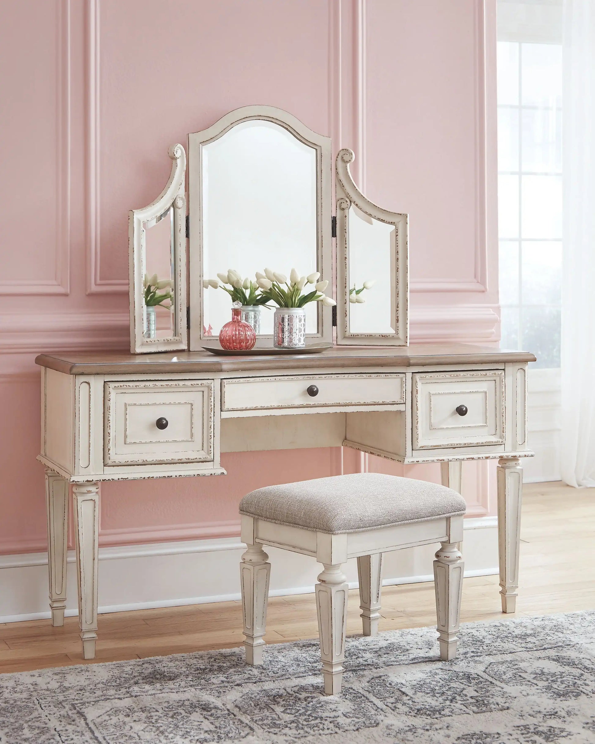 Realyn - Vanity/Mirror/Stool (Set of 3) - White / Brown / Beige - Best Buy Furniture