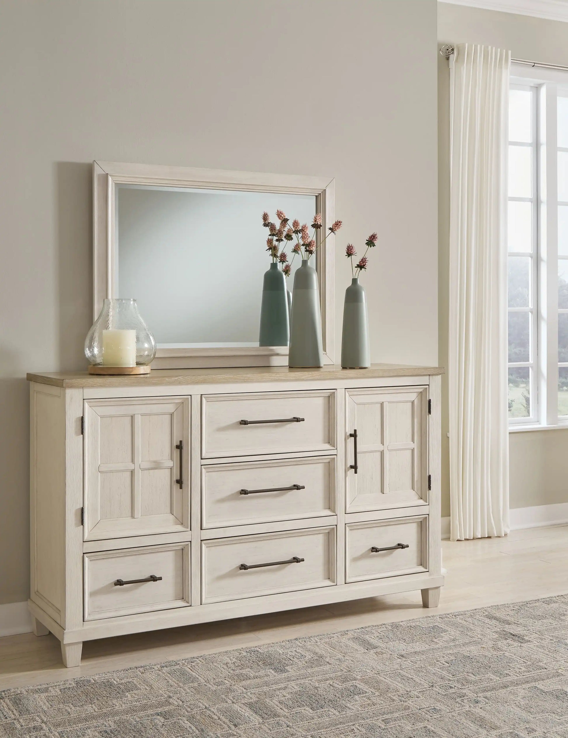 Shaybrock - Dresser And Mirror - Antique White / Brown - Best Buy Furniture