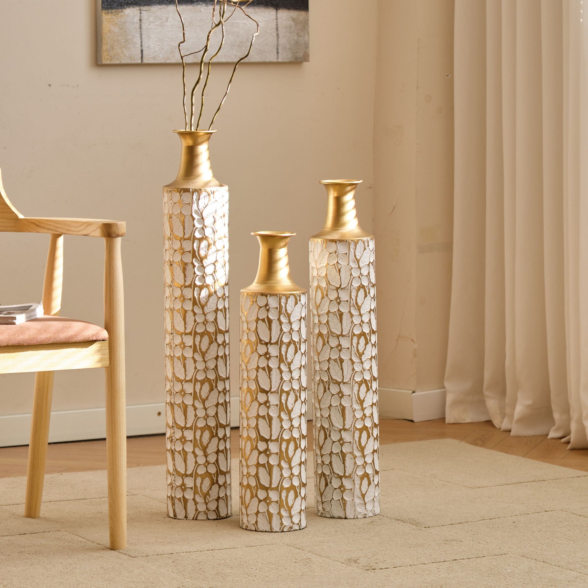 Floor Vases Large Vases Decorative High Vases (Set of 3) For Home Decor Vintage Large Vases Representing Twigs, Twigs Dried Flowers Living Room Antique Worn Vases - Antique White