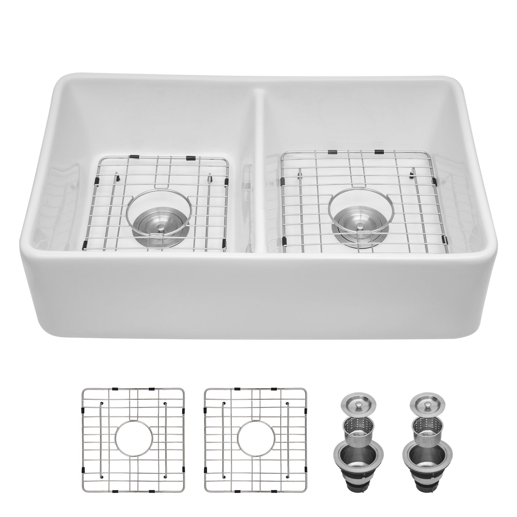 Double Bowl Apron Front Kitchen Sink 32", Sturdy And With Scratch Resistant - White