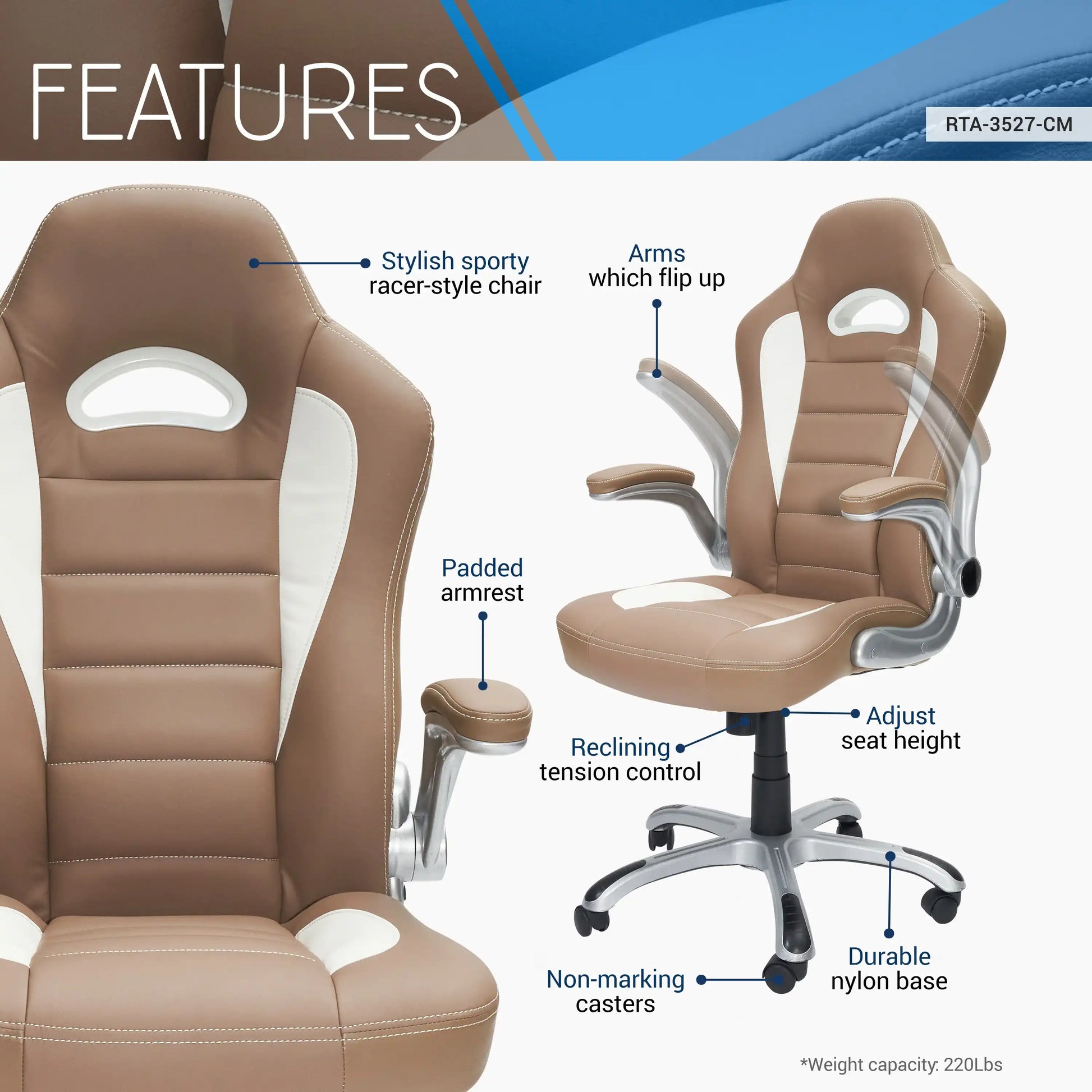 Techni Mobili High Back Executive Sport Race Office Chair with Flip-Up Arms, Camel - Best Buy Furniture