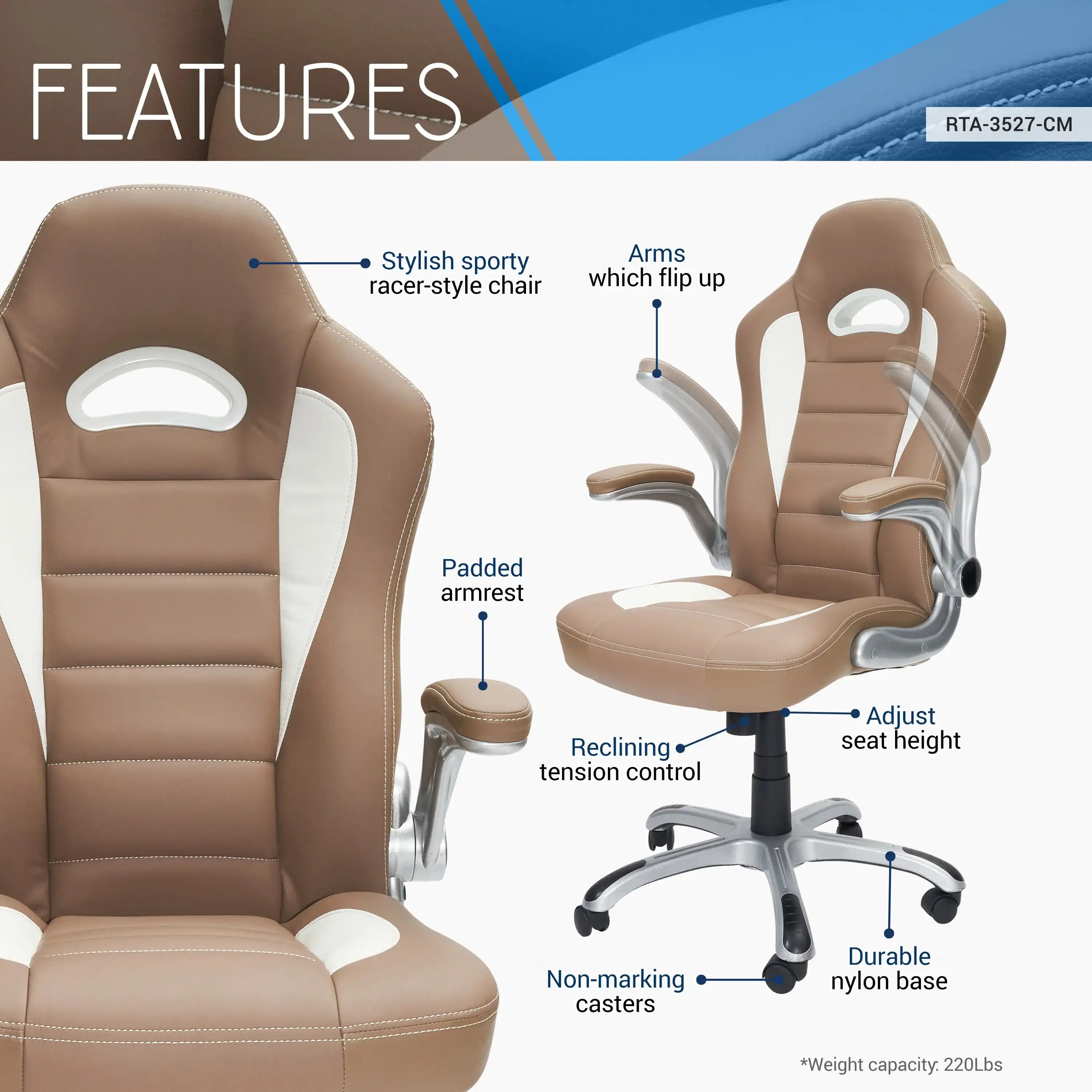 Techni Mobili High Back Executive Sport Race Office Chair with Flip-Up Arms, Camel - Best Buy Furniture