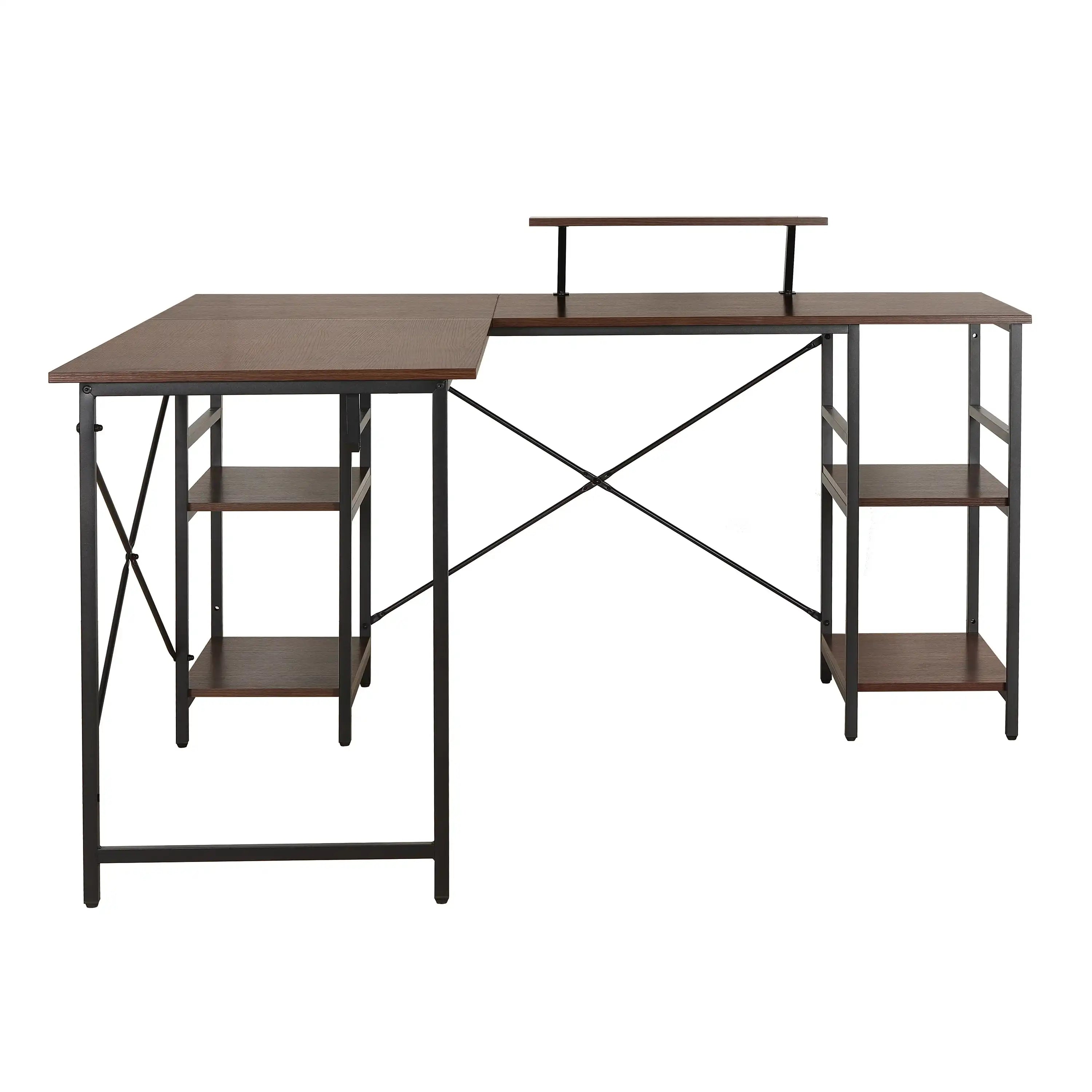 Techni Mobili L-Shape Industrial Desk with storage shelves, Walnut - Best Buy Furniture