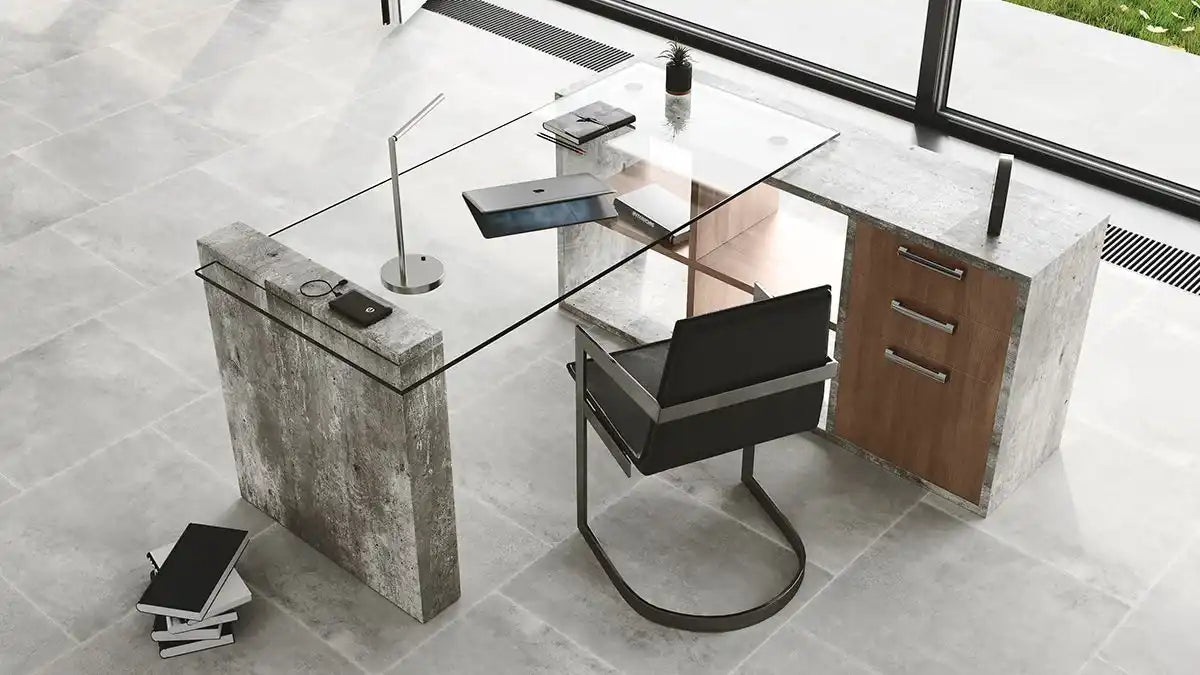 Nova Domus Boston Modern Glass & Faux Concrete Reversible Desk - Best Buy Furniture