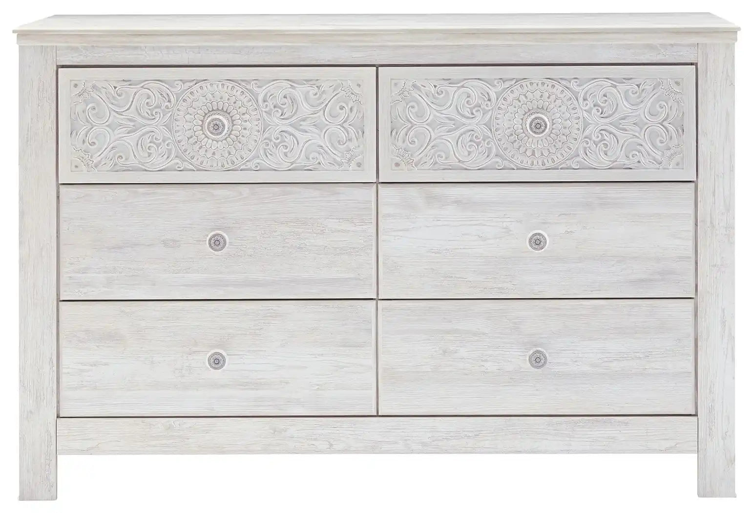 Paxberry - Six Drawer Dresser - Medallion Drawer Pulls - Whitewash - Best Buy Furniture