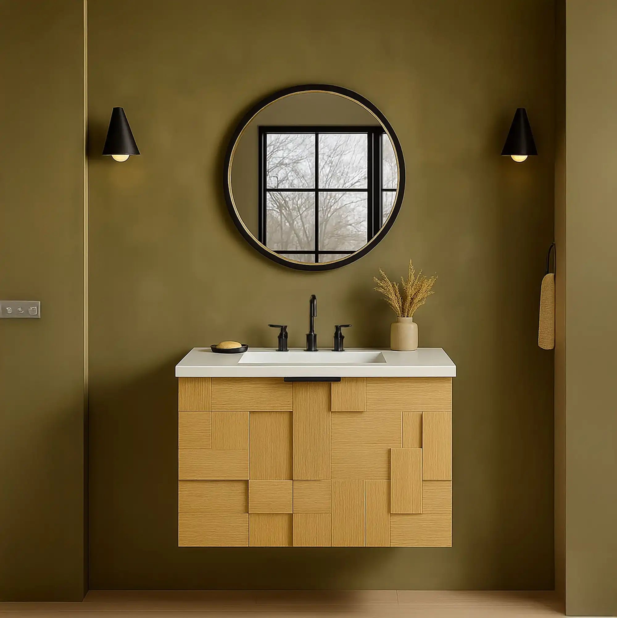 Leonardo - Engineered Stone And Solid Wood 24" Wall Mounted Bathroom Vanity