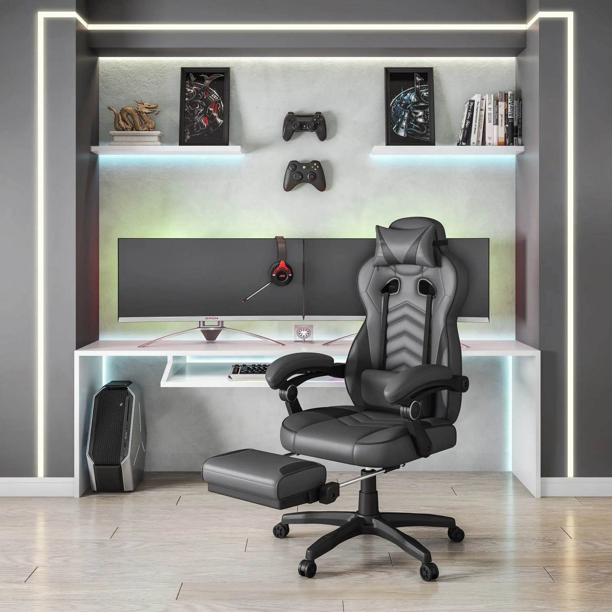 Gaming Racing Style Fully Reclining Executive Office Chair with Footrest, Black & Grey - Best Buy Furniture