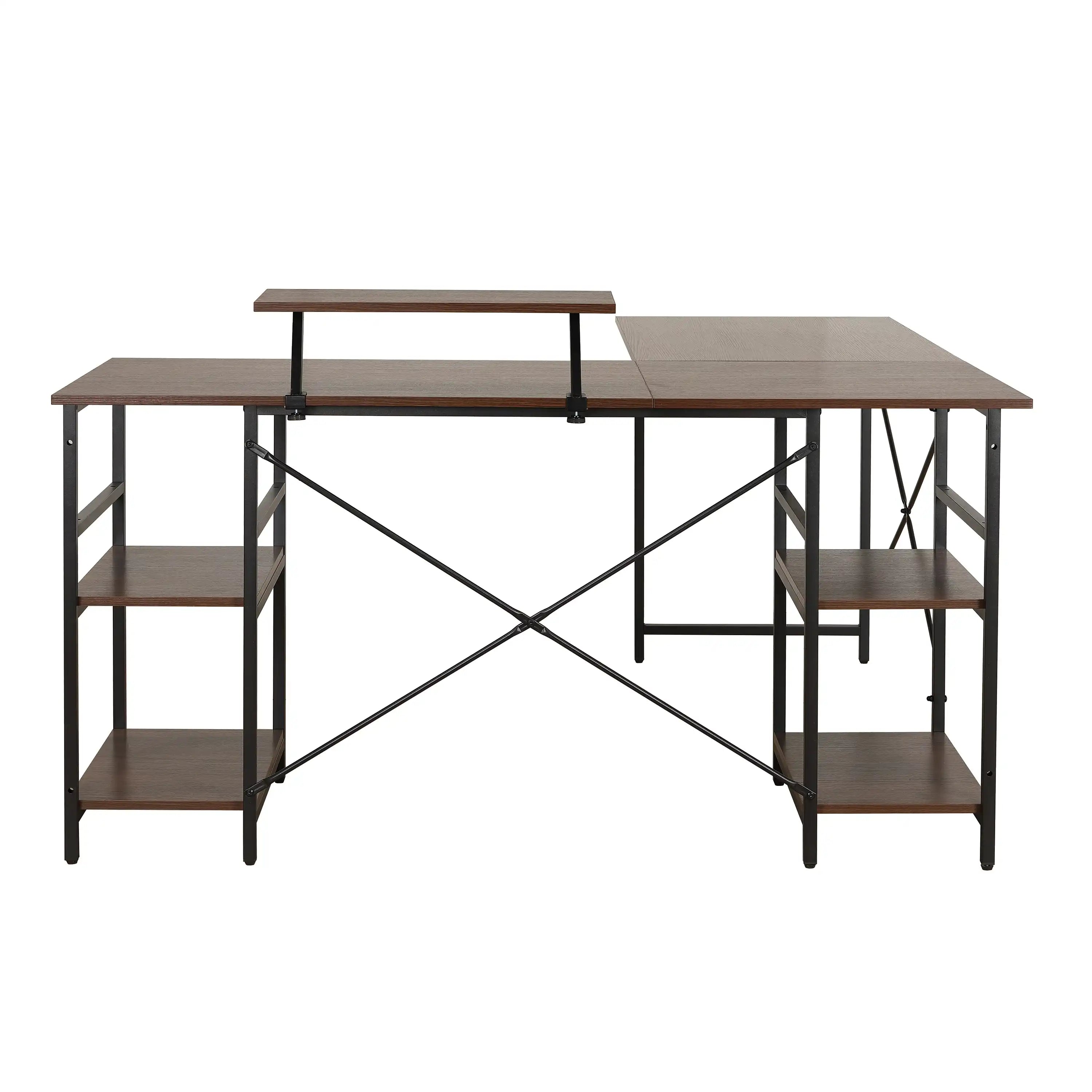 Techni Mobili L-Shape Industrial Desk with storage shelves, Walnut - Best Buy Furniture