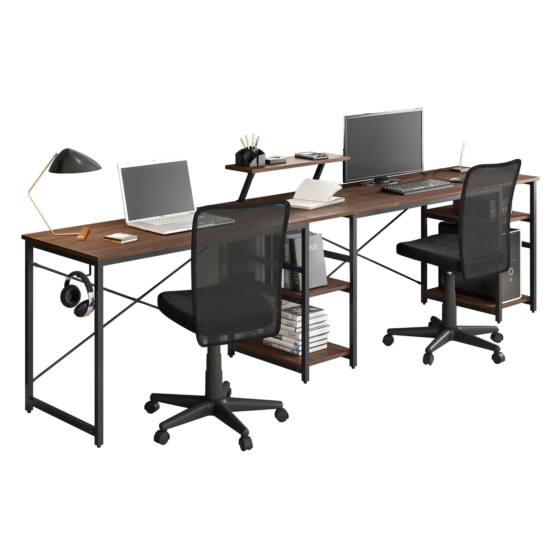 Techni Mobili L-Shape Industrial Desk with storage shelves, Walnut - Best Buy Furniture