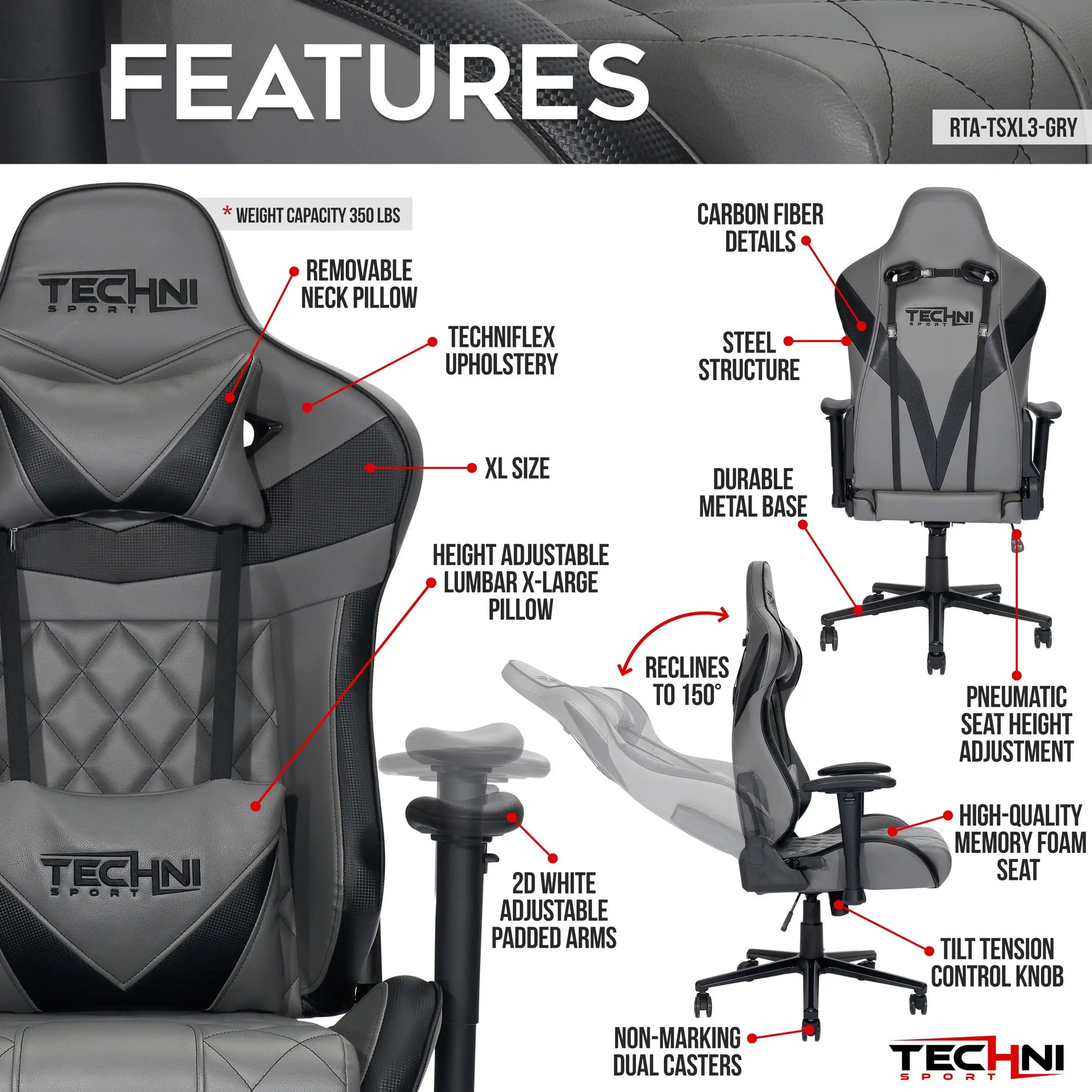Techni Sport XL Ergonomic Gaming Chair , Grey - Best Buy Furniture