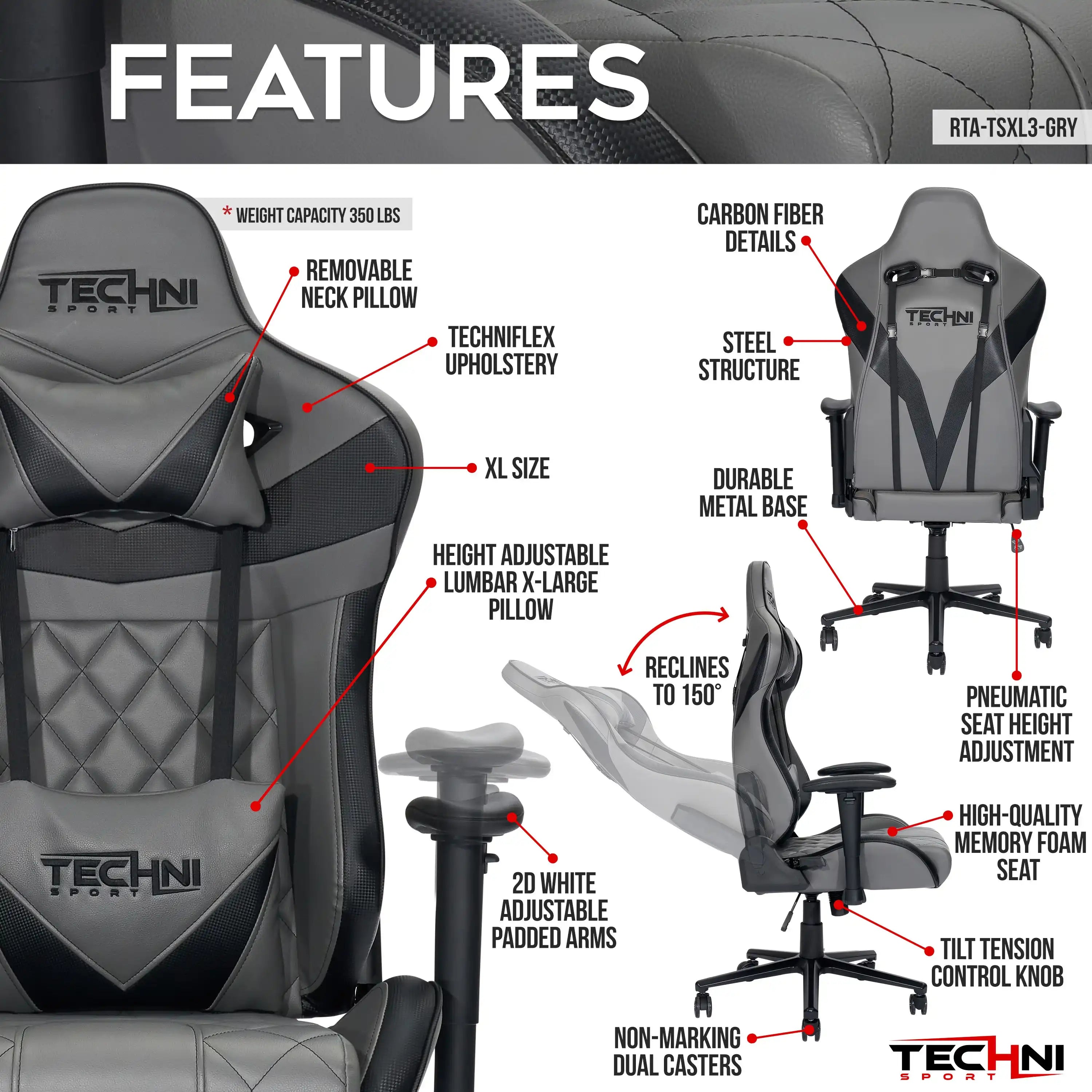 Techni Sport XL Ergonomic Gaming Chair , Grey - Best Buy Furniture