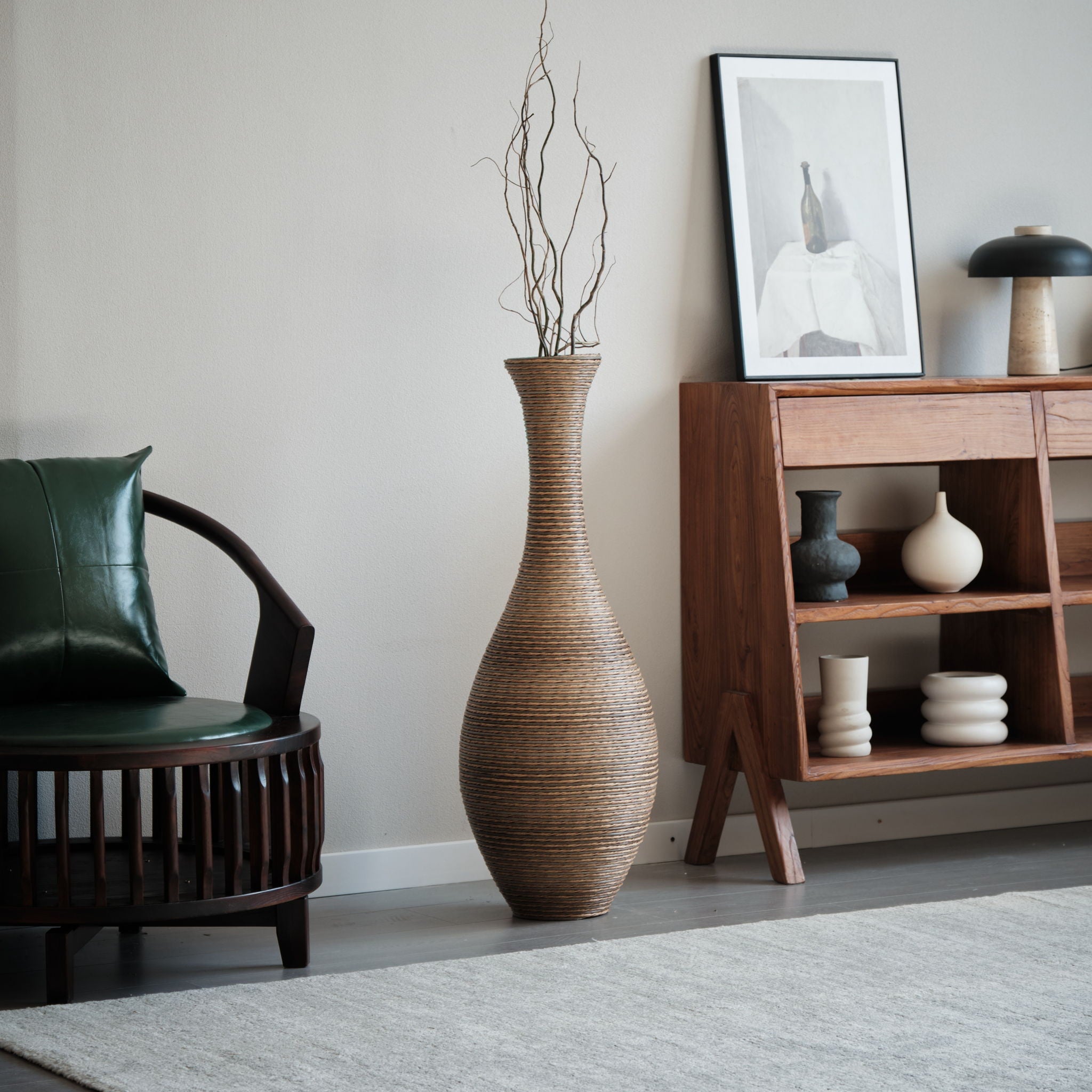 Tall Artificial Rattan Floor Vase In Elegant Statement Piece For Living Room Decor, Entryway, Or Hallway Versatile Home Accent For Dried Or Silk Floral Arrangements - Beige / Gray
