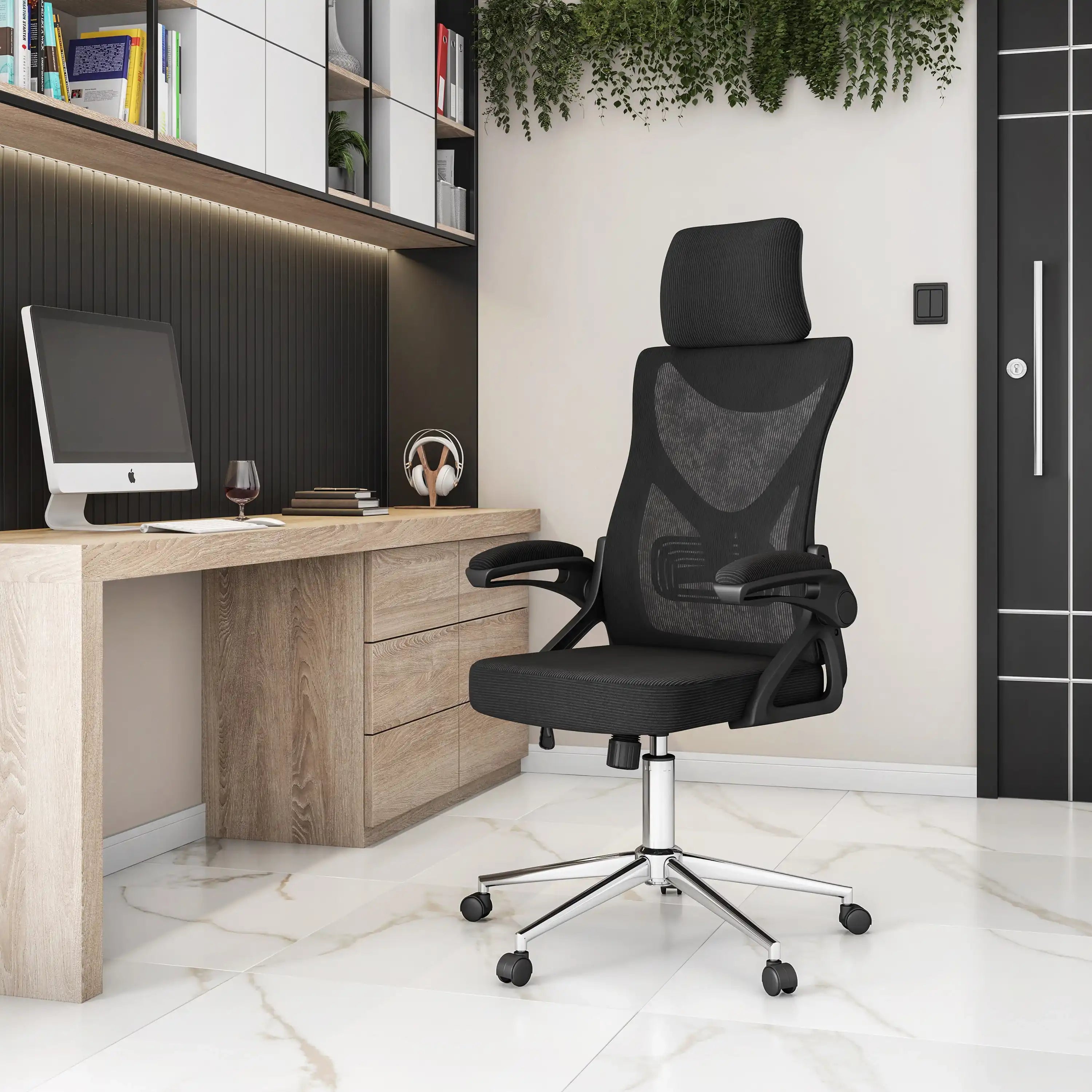 Techni Mobili Essential Ergonomic Office Chair with Headrest & Lumbar Support, Black - Best Buy Furniture