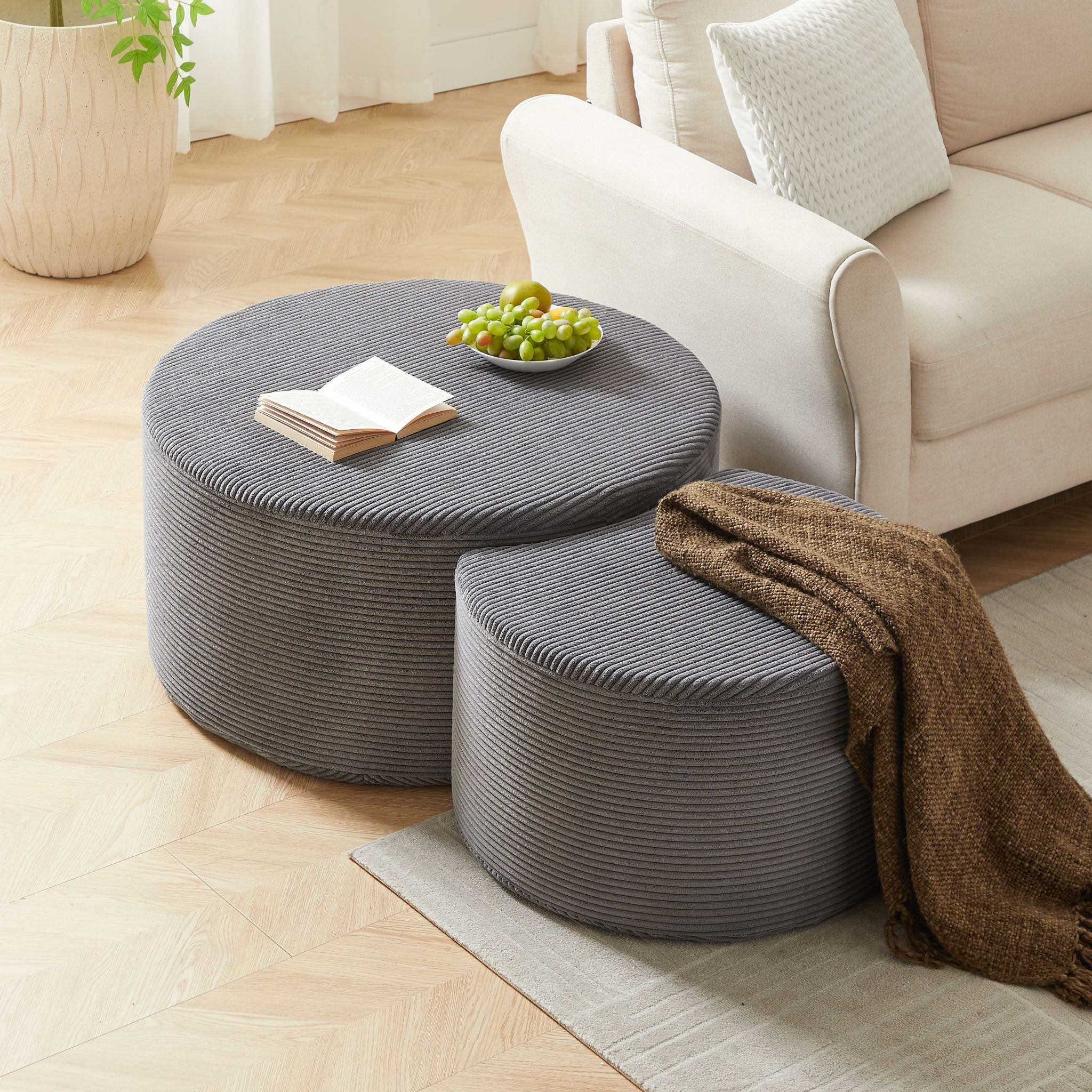 Modern Upholstered Round Coffee Table For Living Room (Set of 2)