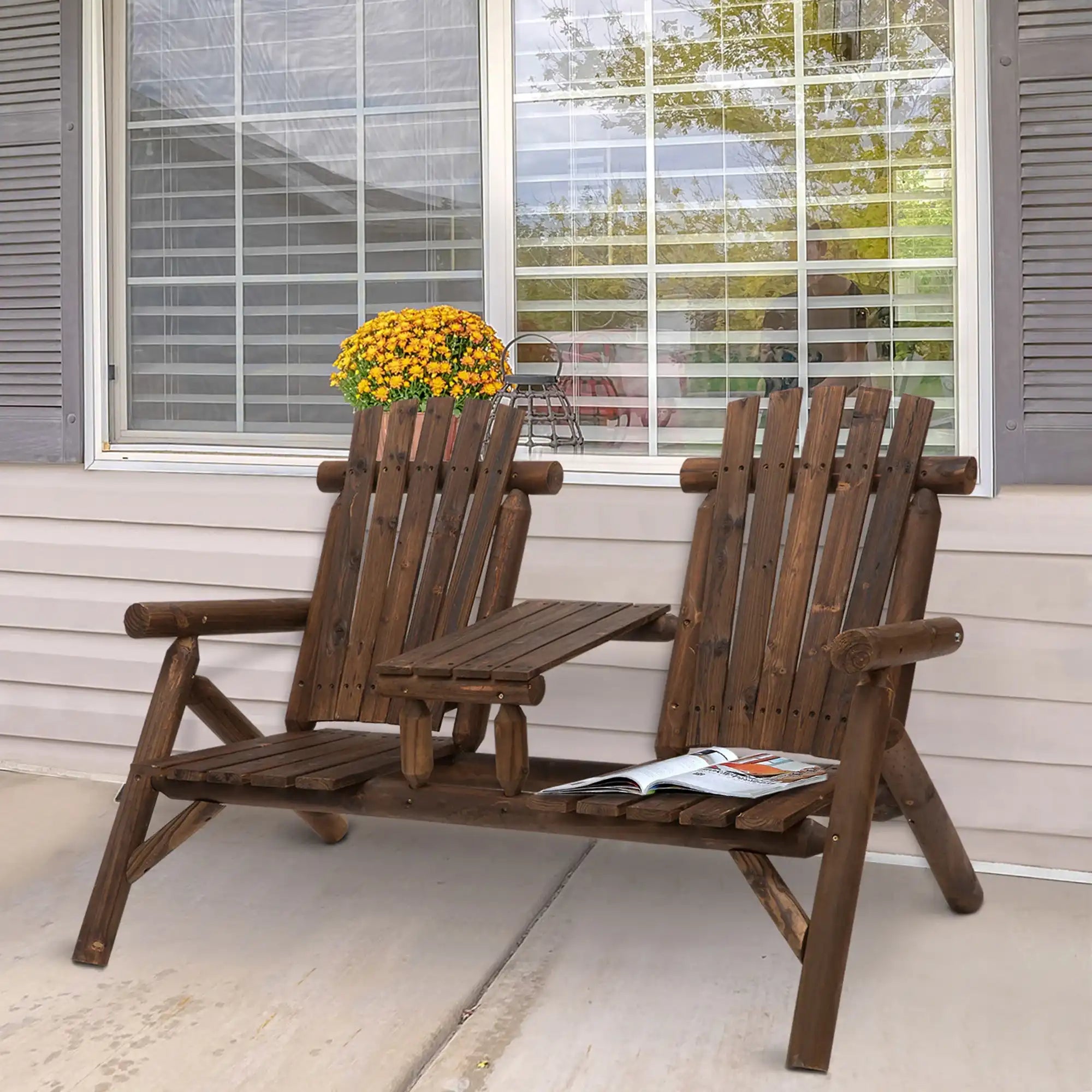 Outsunny 2-Seat Wooden Adirondack Chair with Table, Outdoor Loveseat, Carbonized - Best Buy Furniture