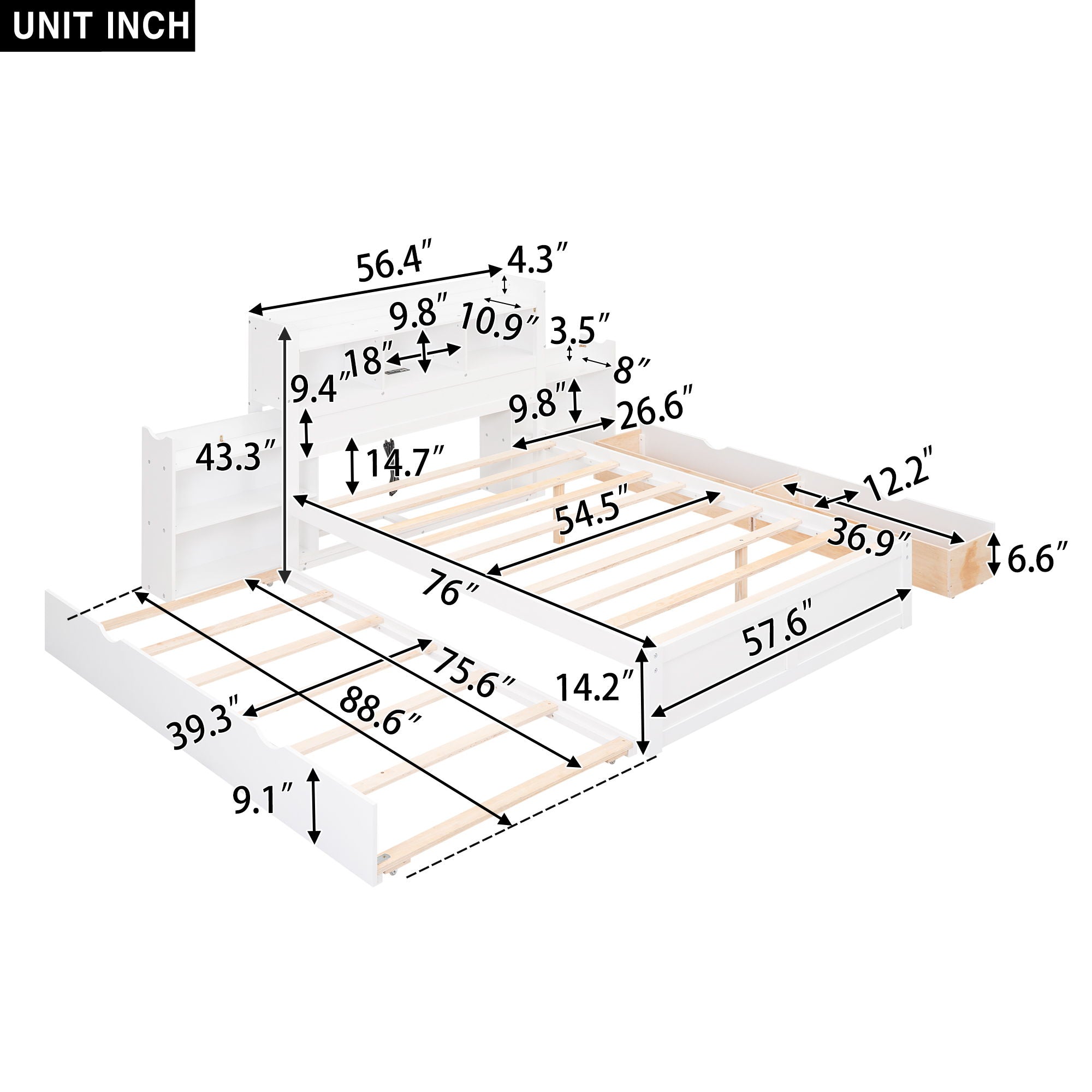 Storage Platform Bed With Pull Out Shelves, Trundle, And 2 Drawers