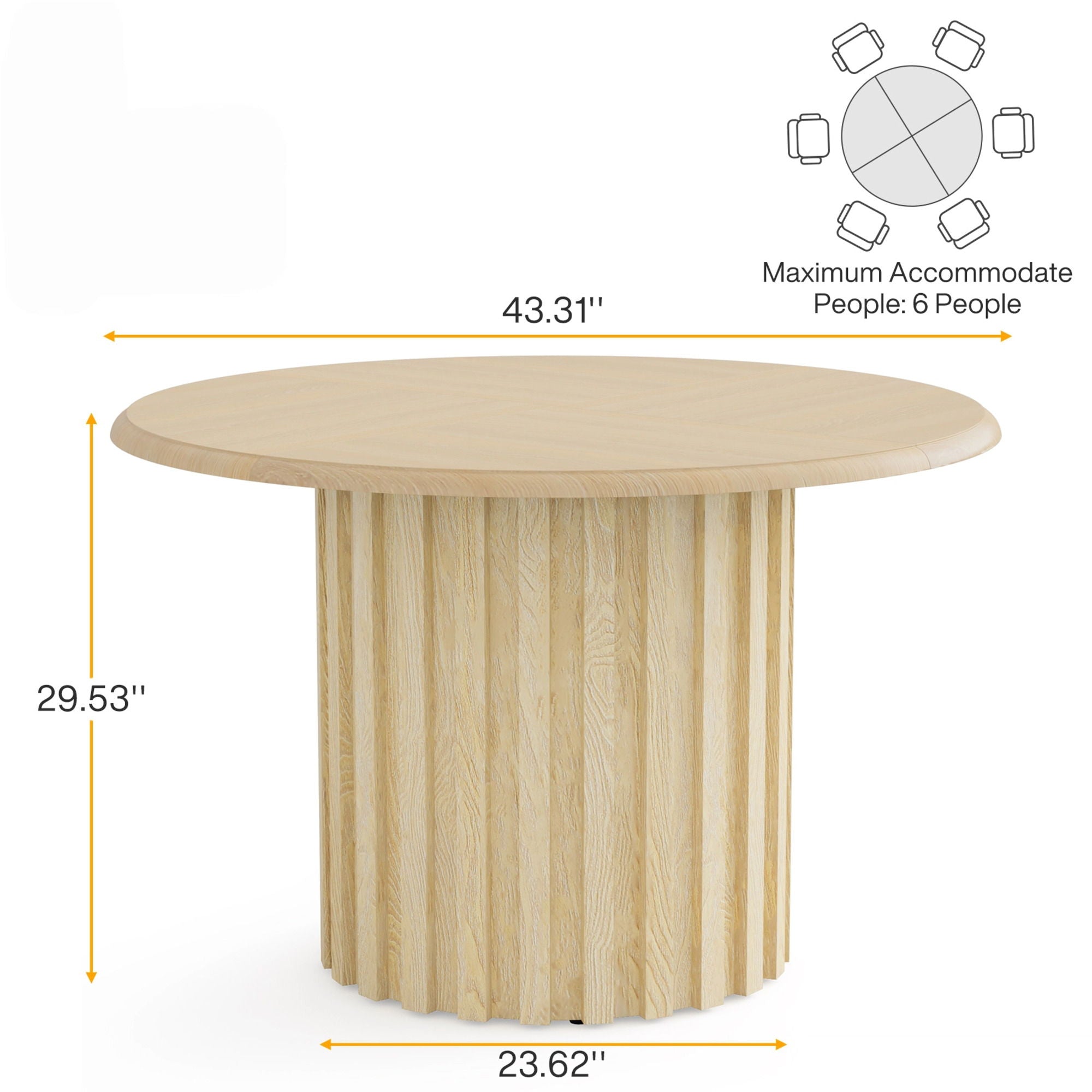 Round Dining Table With Fluted Pedestal Base, Circle Kitchen & Dinner Table - Natural Wood