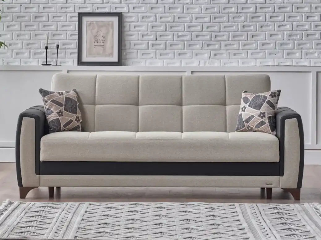 Dublin 93" Wide Sofa Bed with Storage – Two-Tone Black Leather & Beige Upholstery - Best Buy Furniture