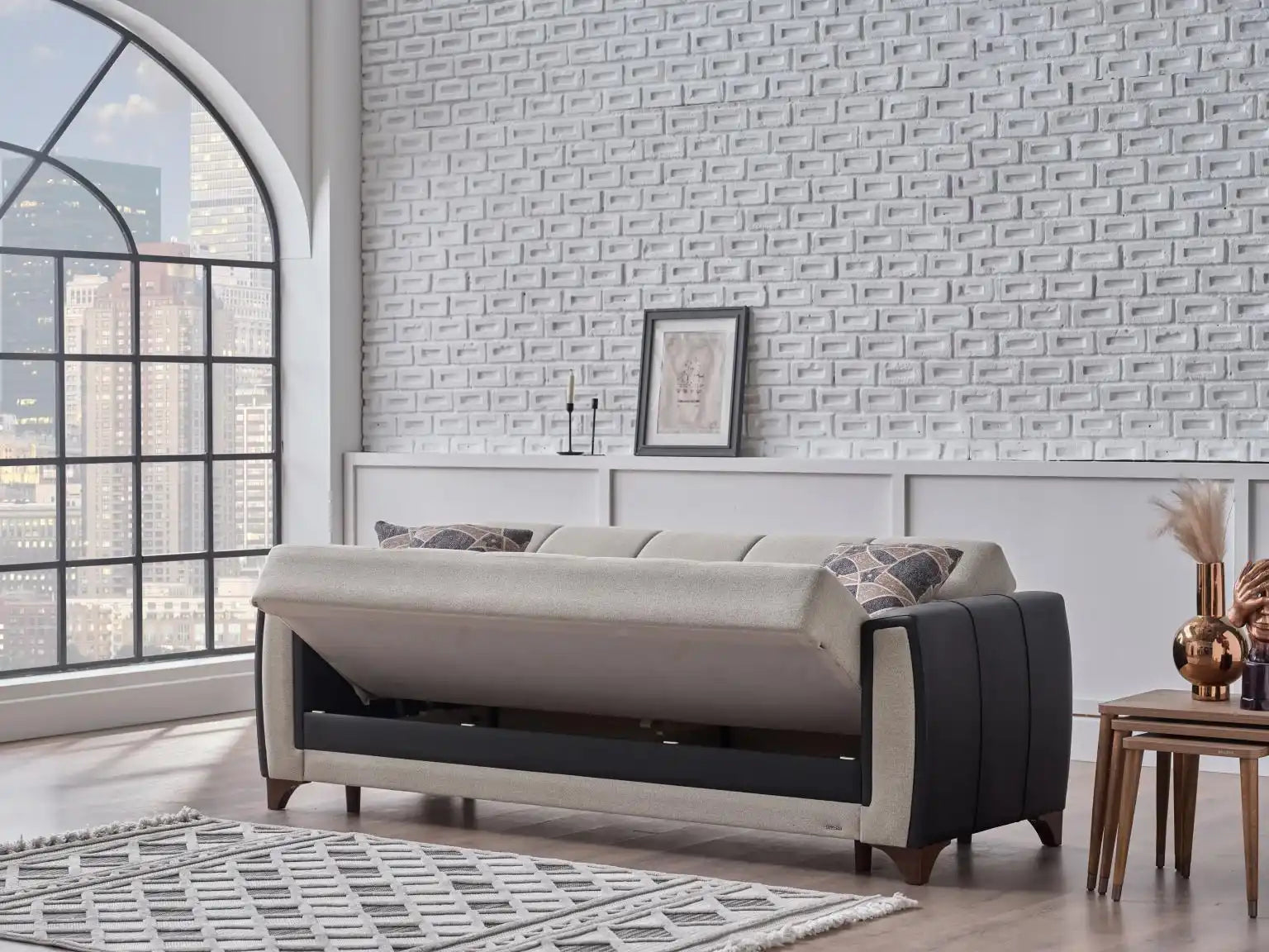 Dublin 93" Wide Sofa Bed with Storage – Two-Tone Black Leather & Beige Upholstery - Best Buy Furniture