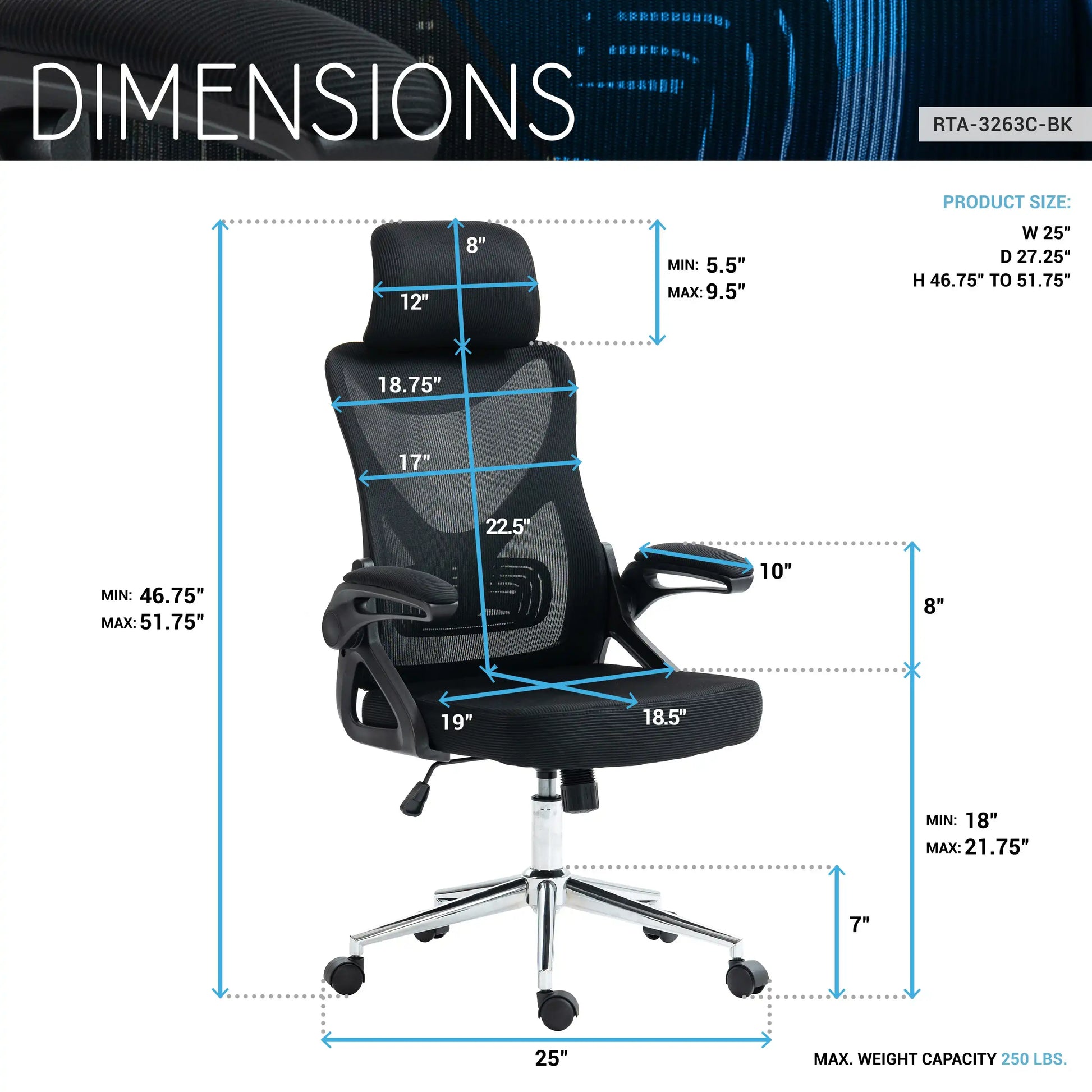 Techni Mobili Essential Ergonomic Office Chair with Headrest & Lumbar Support, Black - Best Buy Furniture