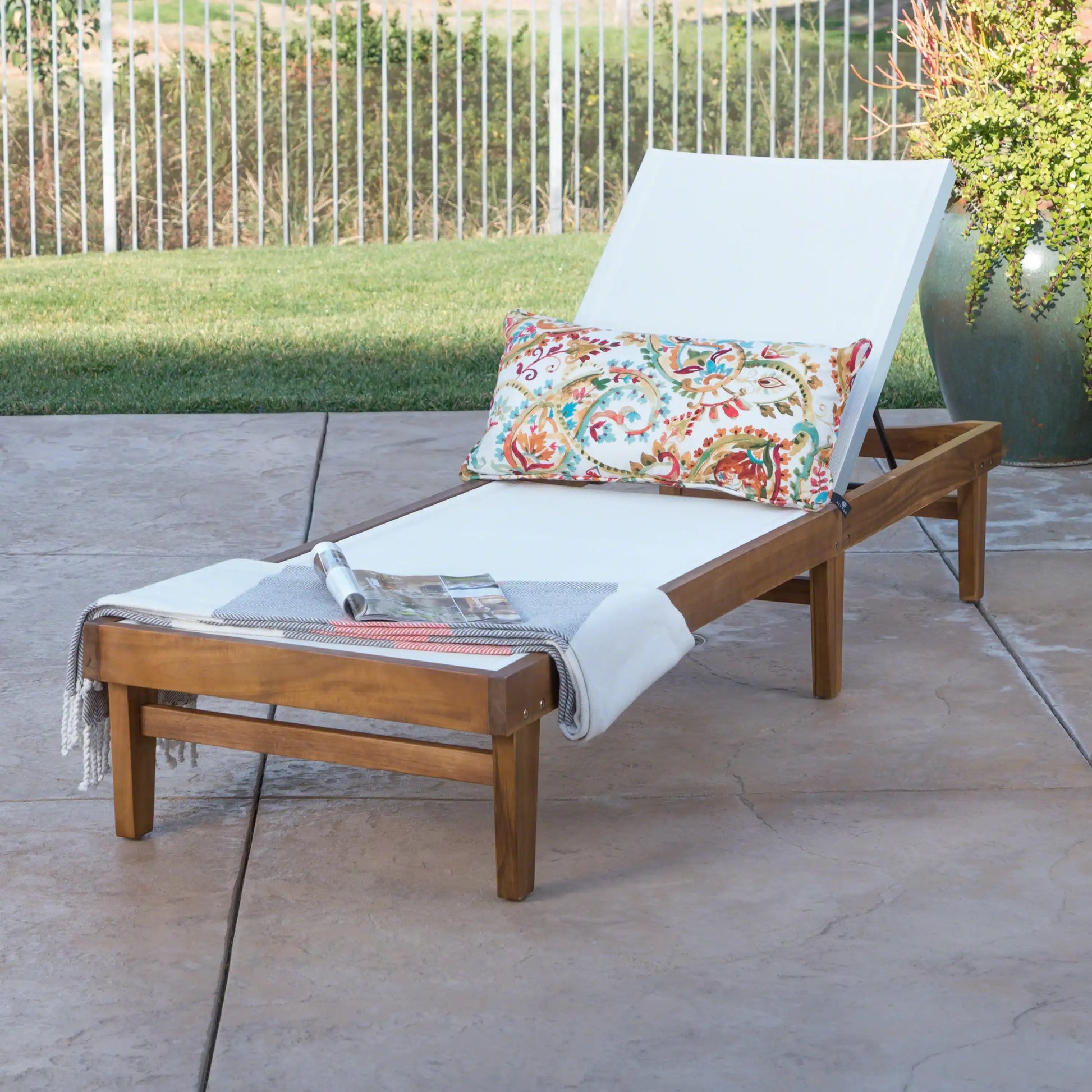 Outdoor Chaise Lounge with Acacia Wood Frame, White and Teak - Best Buy Furniture
