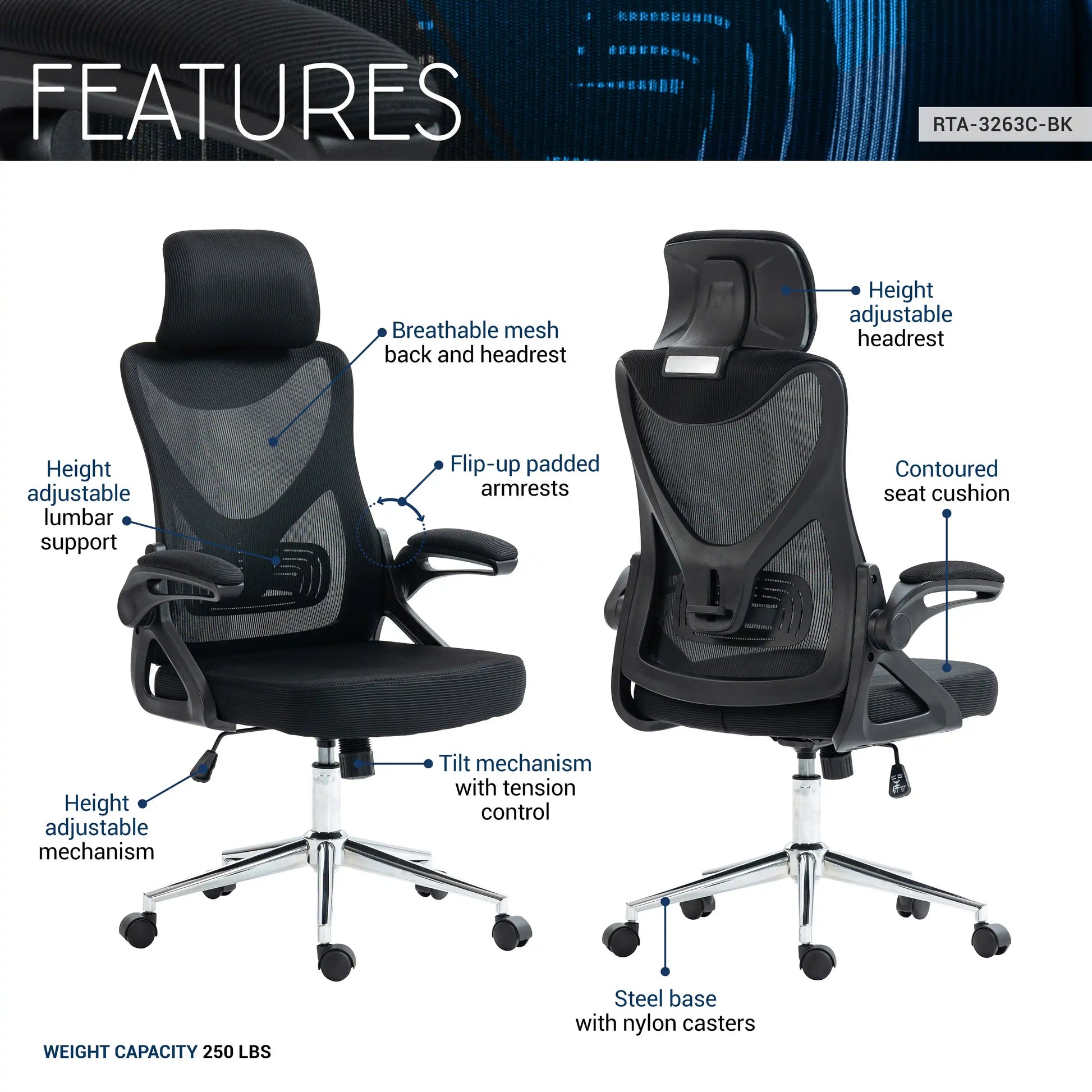 Techni Mobili Essential Ergonomic Office Chair with Headrest & Lumbar Support, Black - Best Buy Furniture