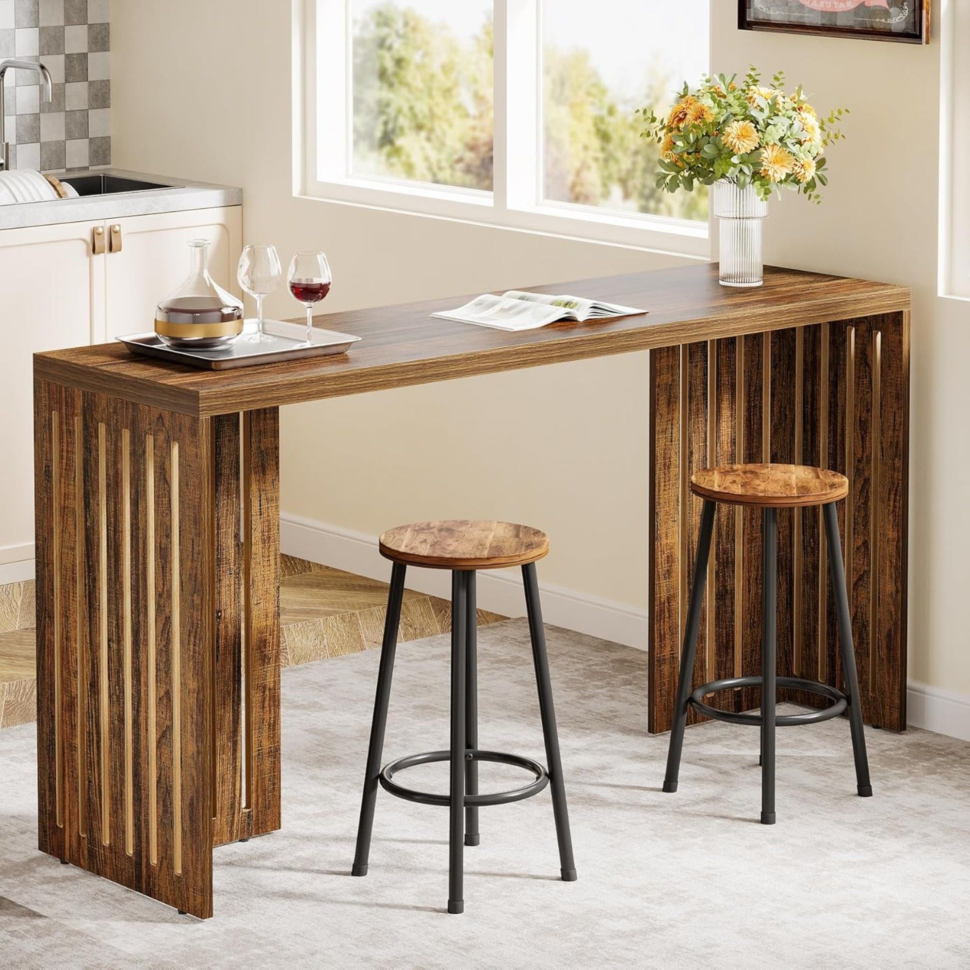 Narrow Counter Height Pub Table With Louvered Base For Kitchen - Rustic Brown
