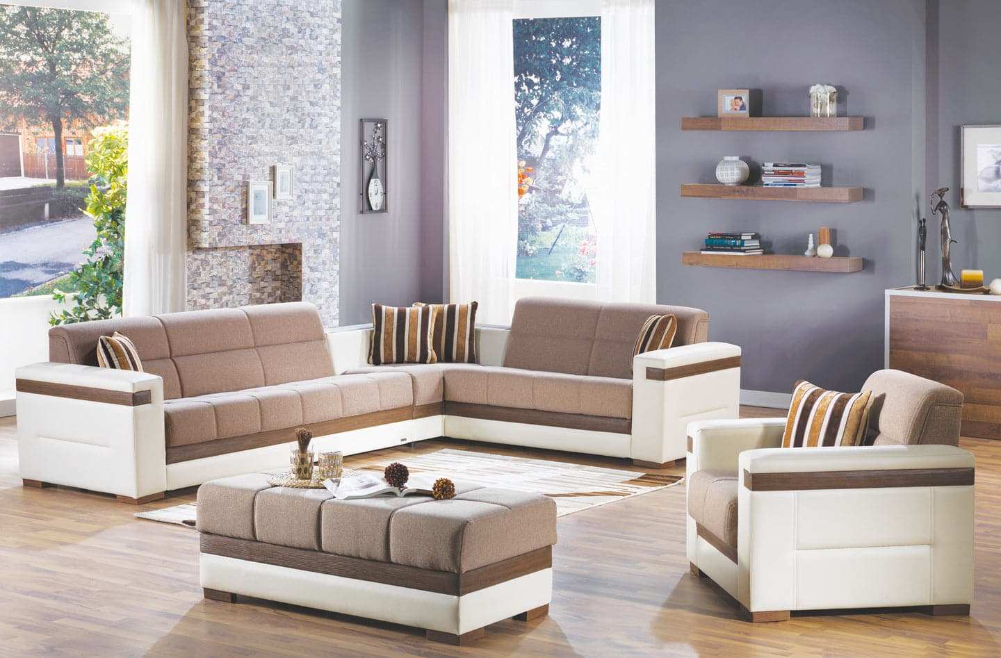 MOON 3-Piece Two-Tone Sleeper Sectional Sofa – 124” Wide, Reversible L-Shape, Beige and White, Modern Comfort & Versatility - Best Buy Furniture