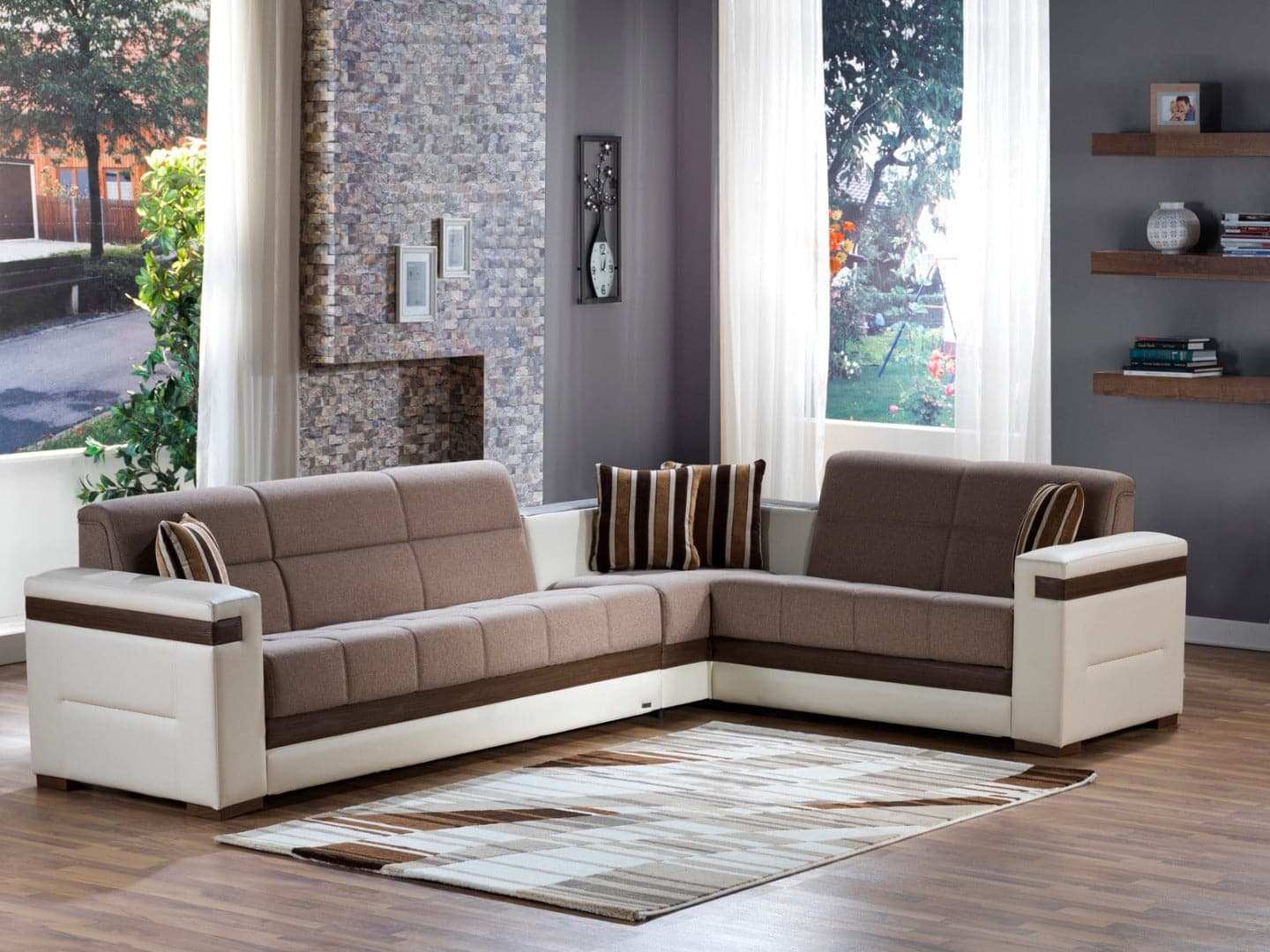 MOON 3-Piece Two-Tone Sleeper Sectional Sofa – 124” Wide, Reversible L-Shape, Beige and White, Modern Comfort & Versatility - Best Buy Furniture