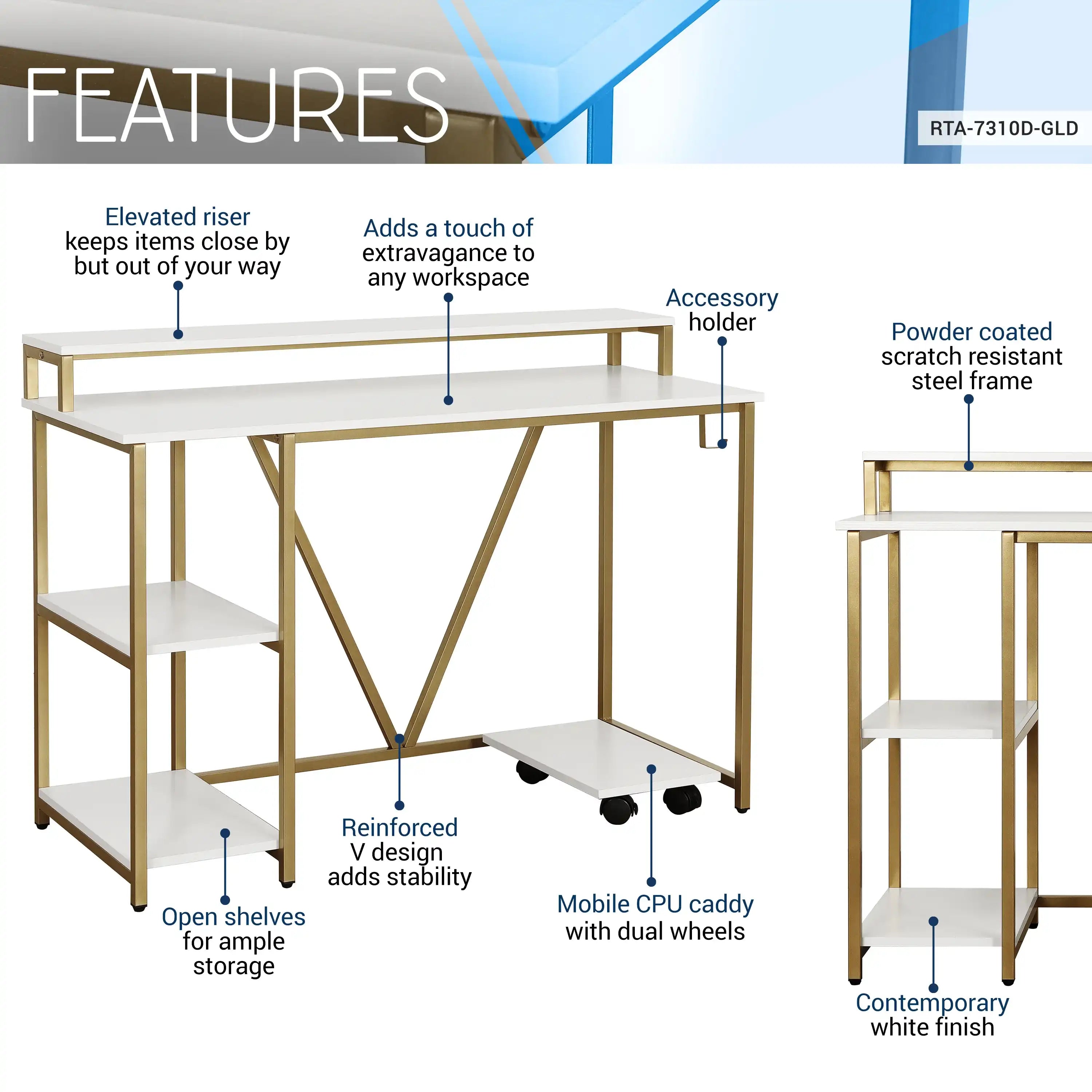Techni Mobili Industrial Writing Desk, Gold - Best Buy Furniture