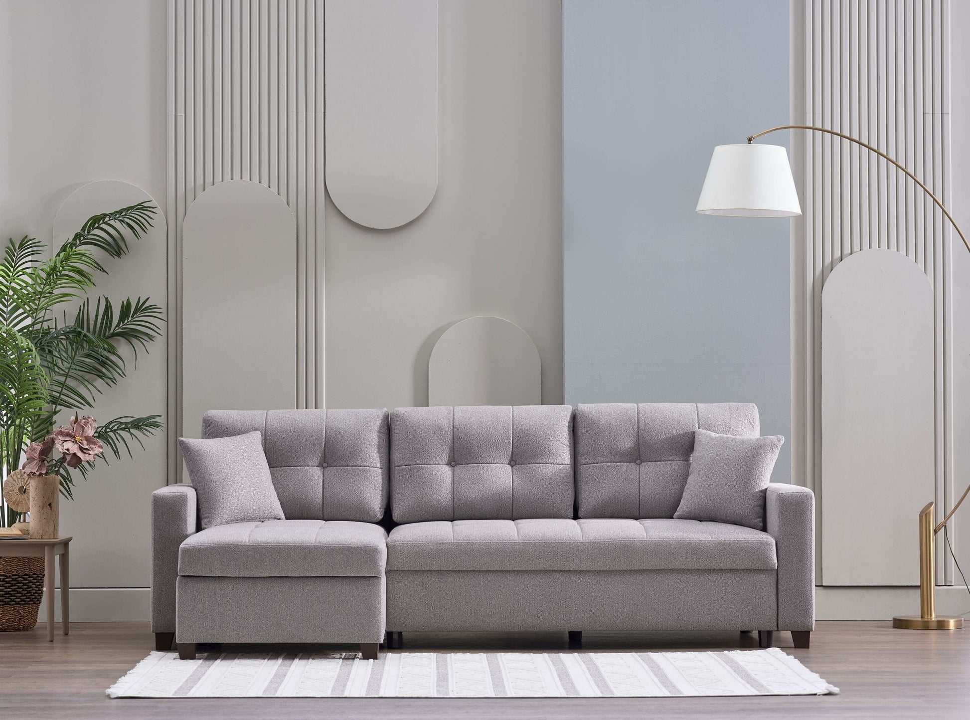 Mocca 101" Wide Reversible Chaise Sleeper Sectional – Dupont Grey Chenille, Queen Sleeper with Storage - Best Buy Furniture