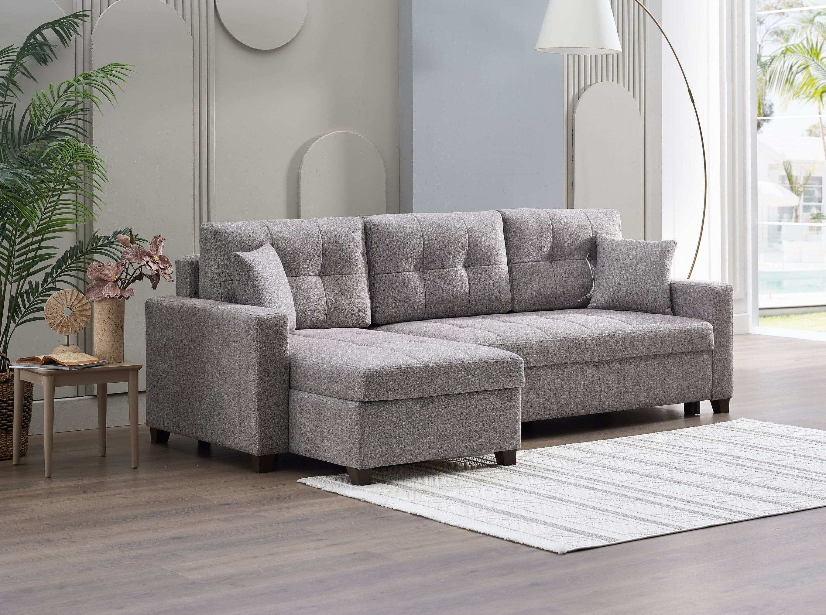 Mocca 101" Wide Reversible Chaise Sleeper Sectional – Dupont Grey Chenille, Queen Sleeper with Storage - Best Buy Furniture