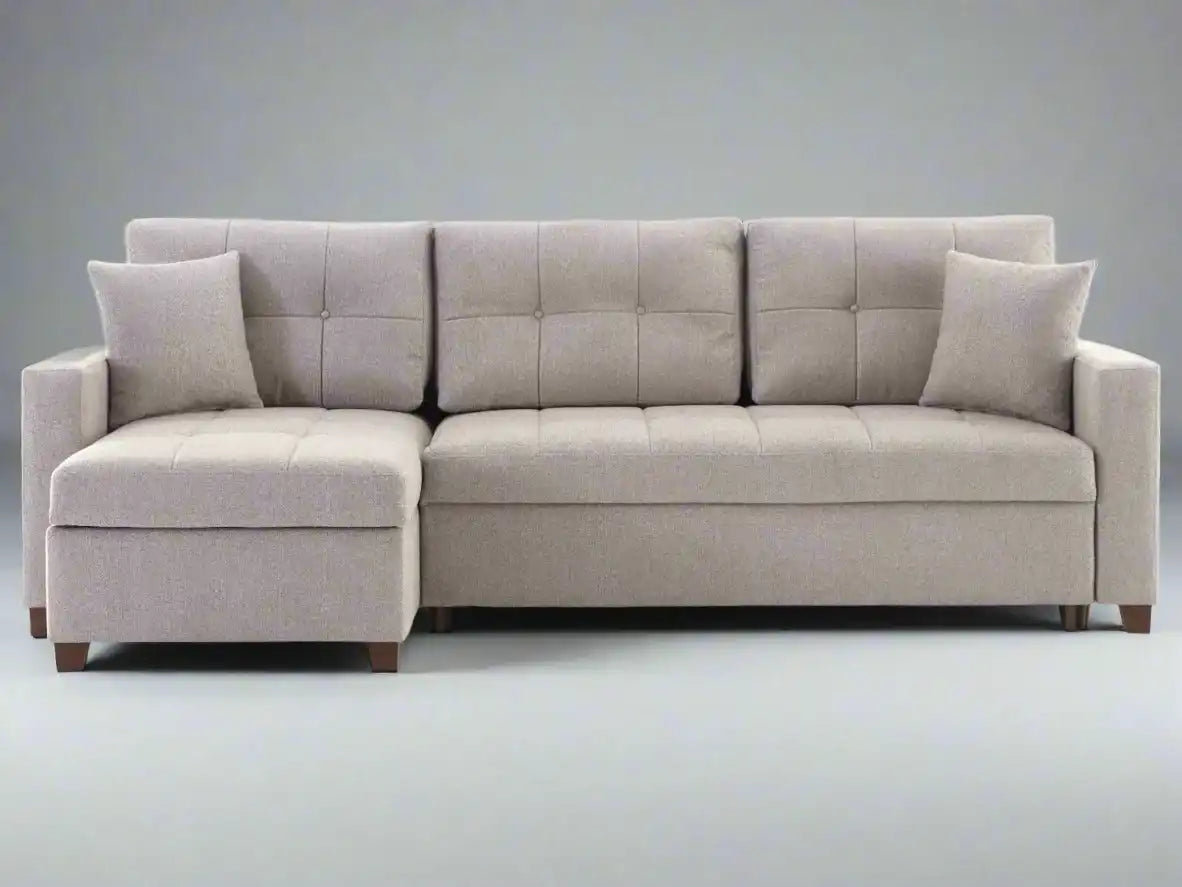 Mocca 101" Wide Reversible Chaise Sleeper Sectional – Dupont Grey Chenille, Queen Sleeper with Storage - Best Buy Furniture